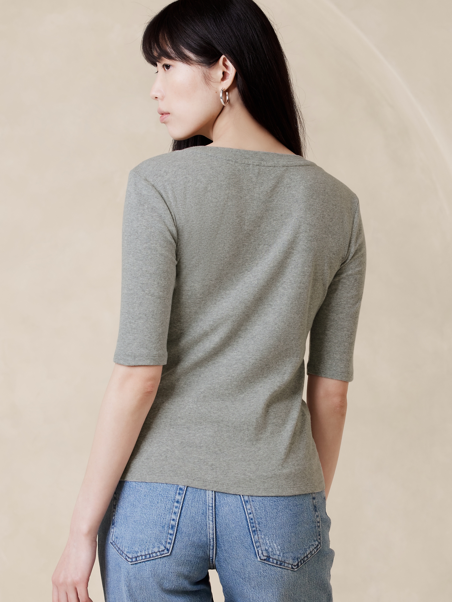 Ribbed Elbow-Sleeve T-Shirt