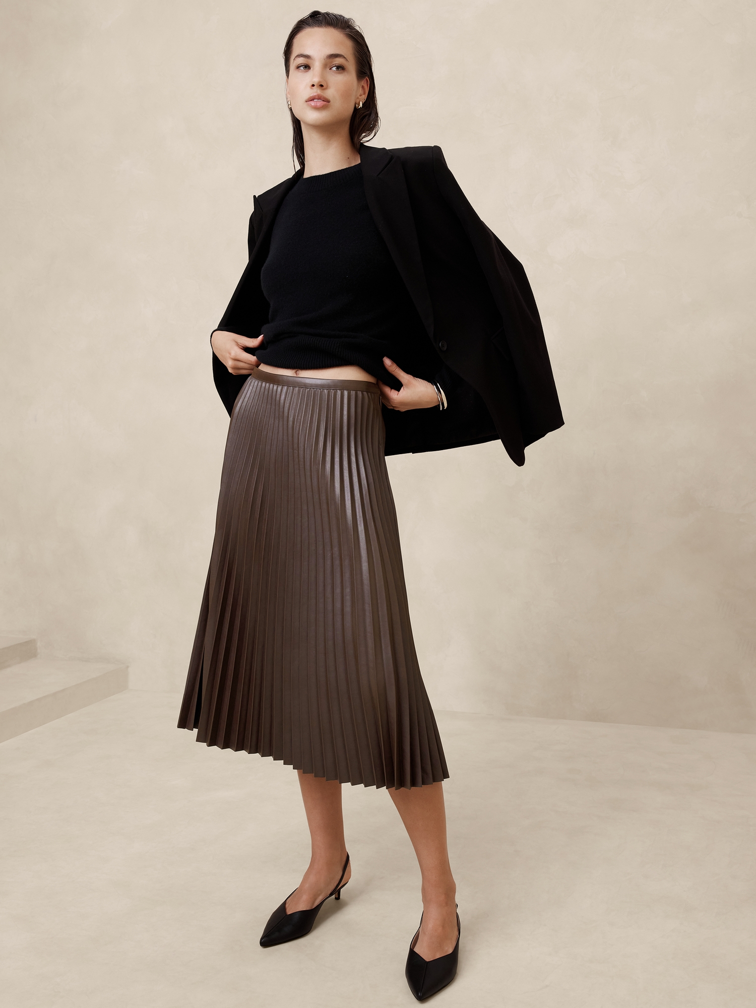 Vegan Leather Pleated Midi Skirt