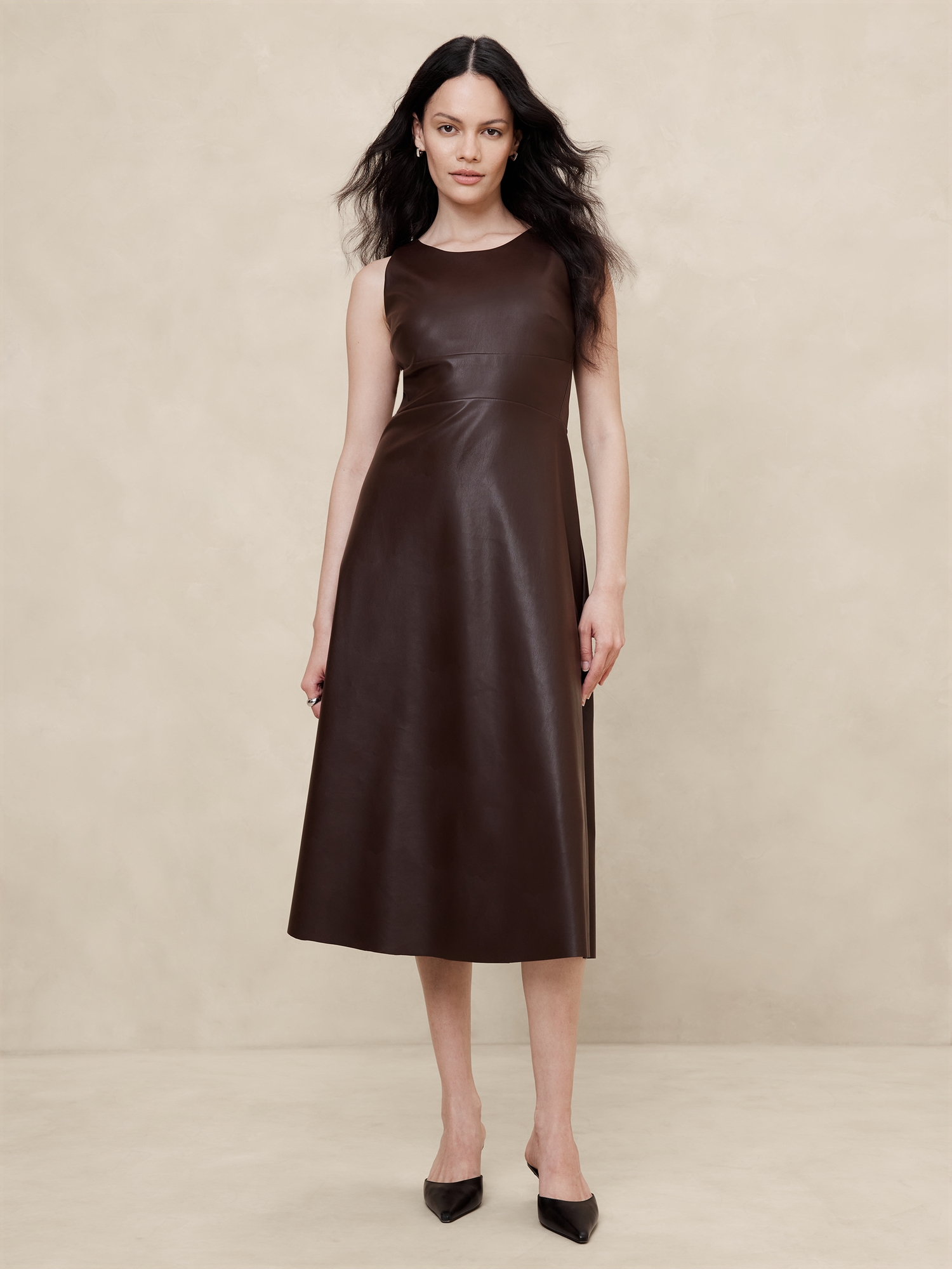 Vegan Leather Paneled Midi Dress