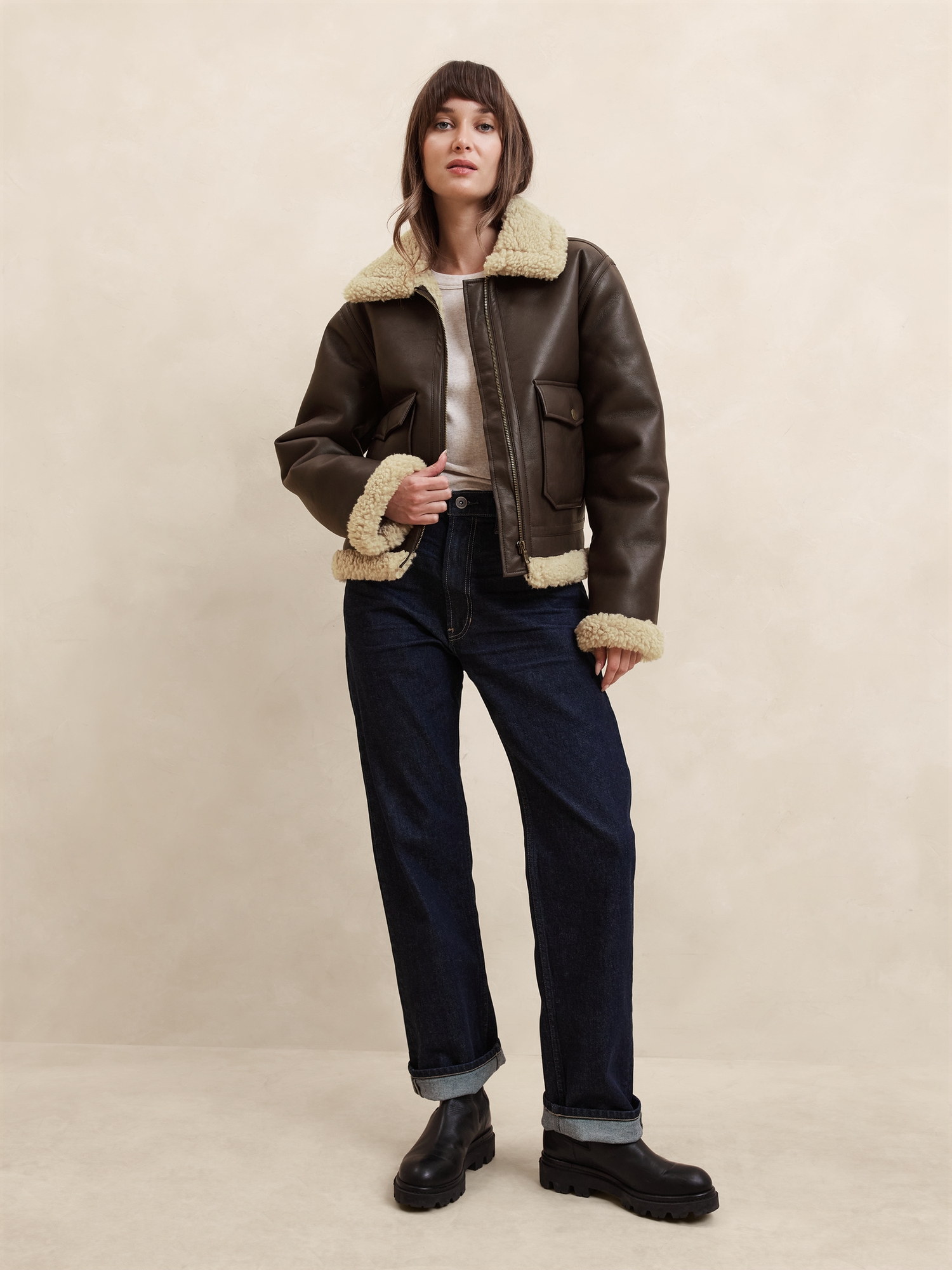 Vegan Leather Shearling Bomber Jacket Banana Republic Factory