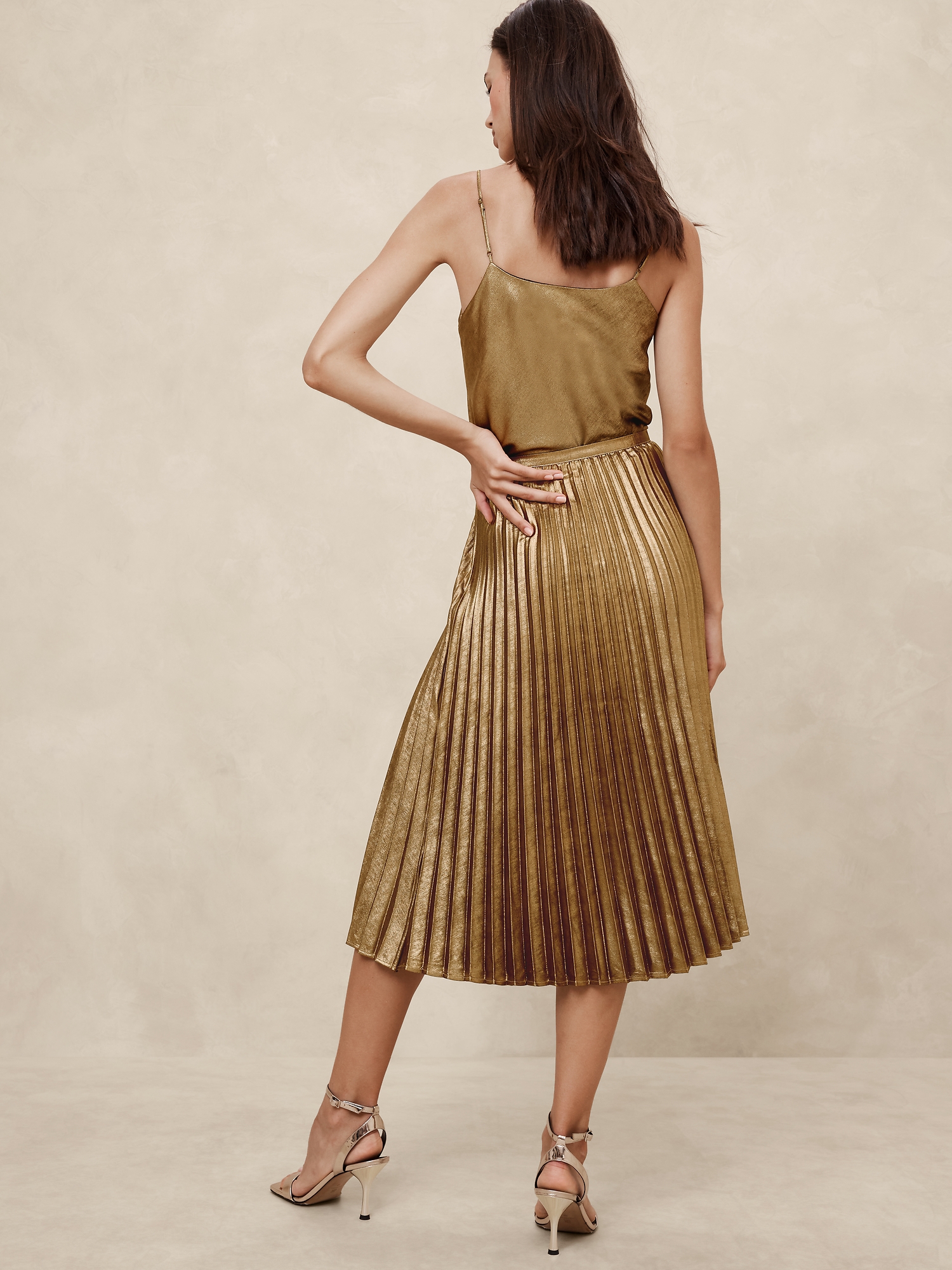 Lamé Pleated Midi Skirt