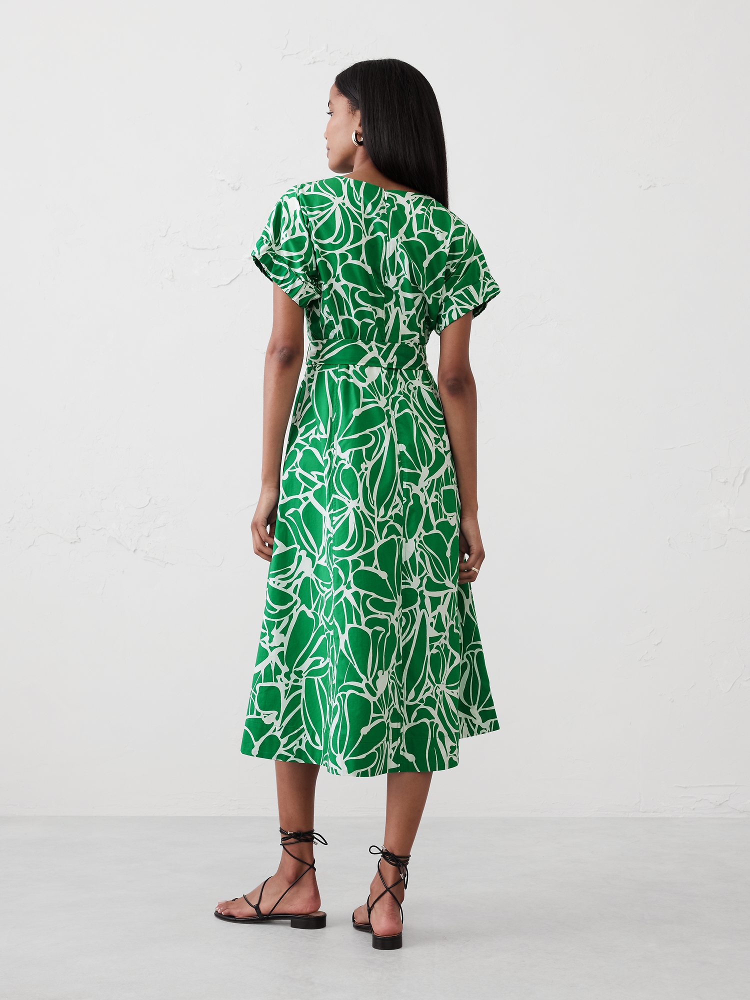 Poplin Elastic-Cuff Midi Dress