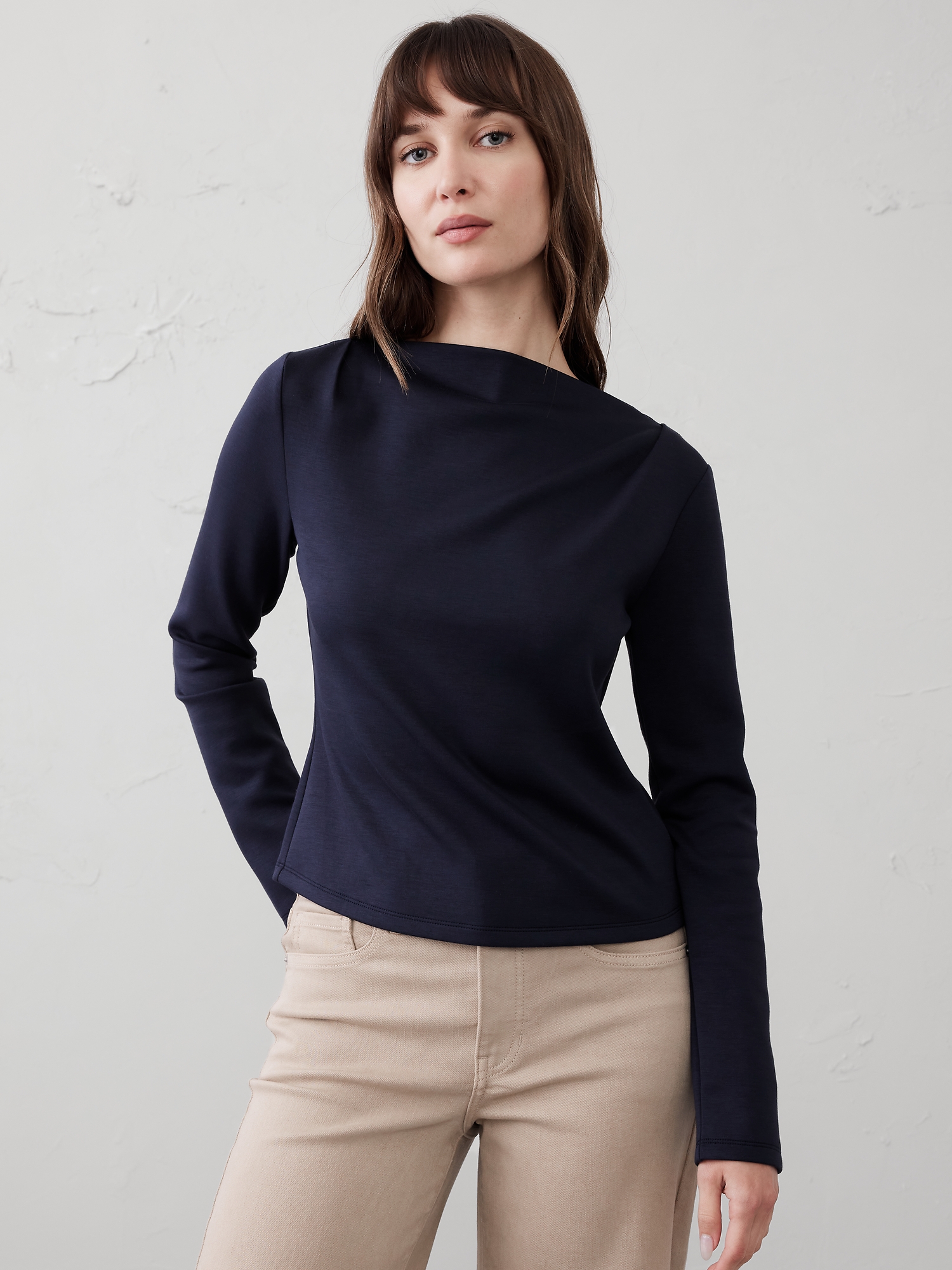 Soft Touch Scuba Pleated Boat-Neck Top