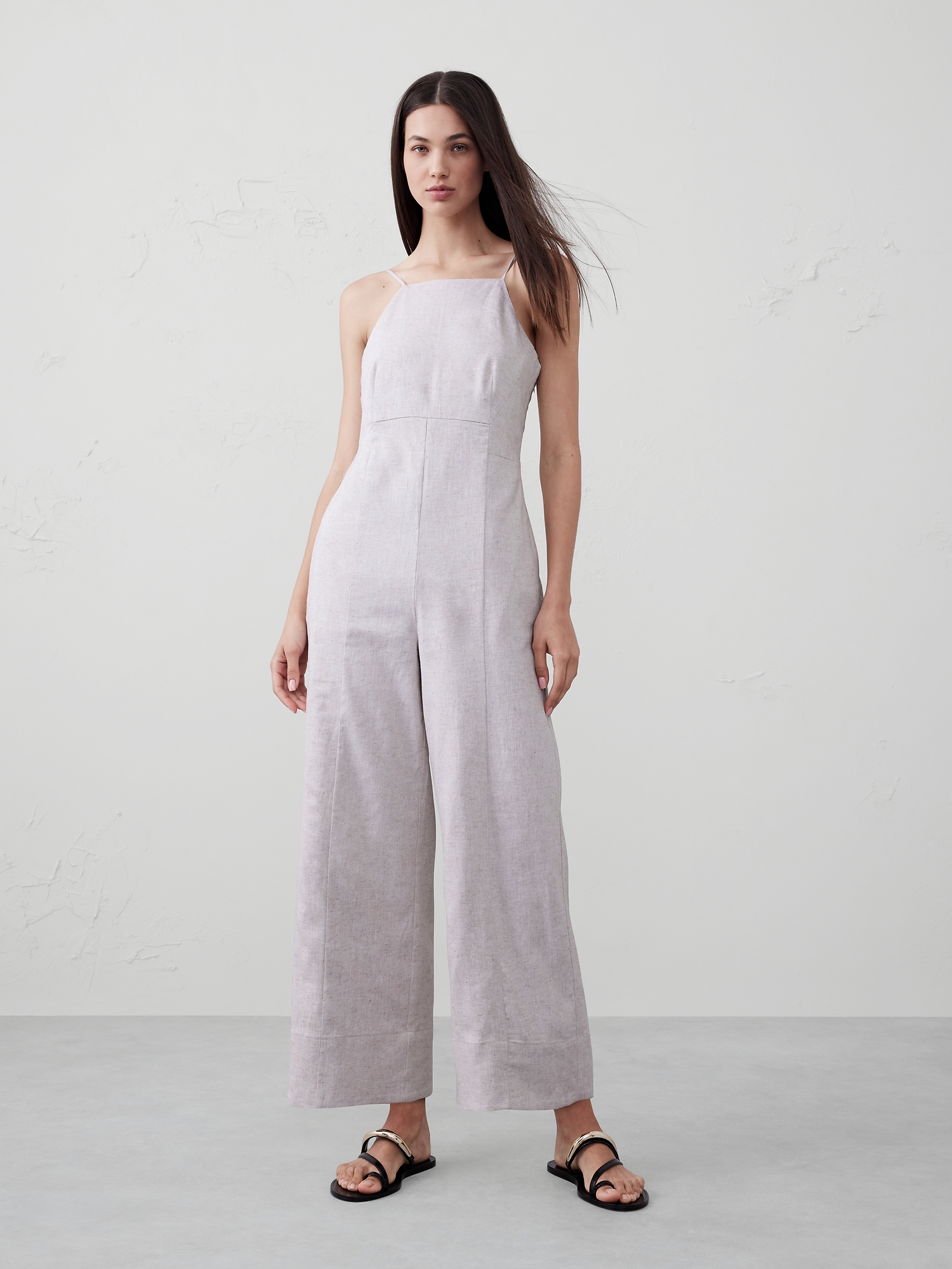 Linen-Blend Strappy Tailored Jumpsuit