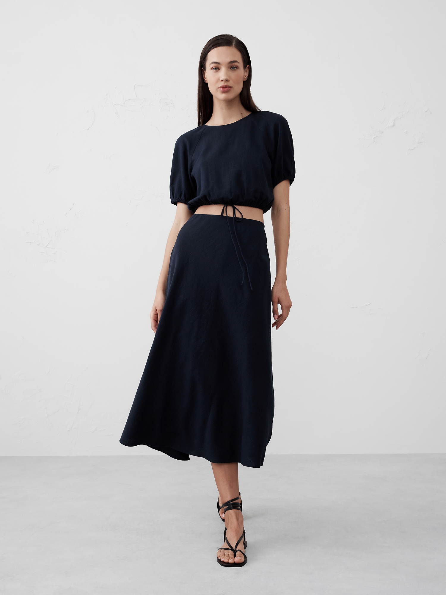 Linen-Blend Midi Slip Skirt