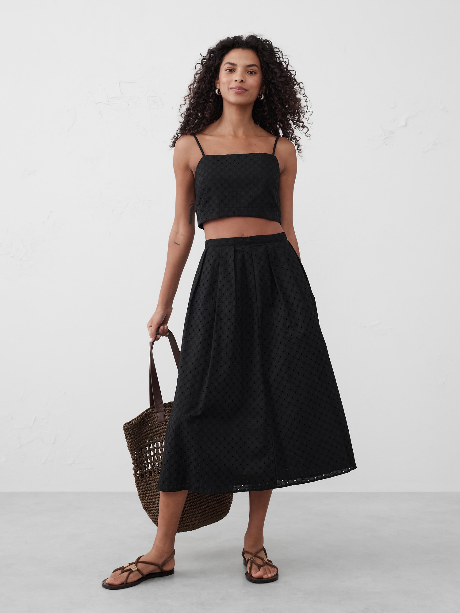 Pleated Eyelet Midi Skirt