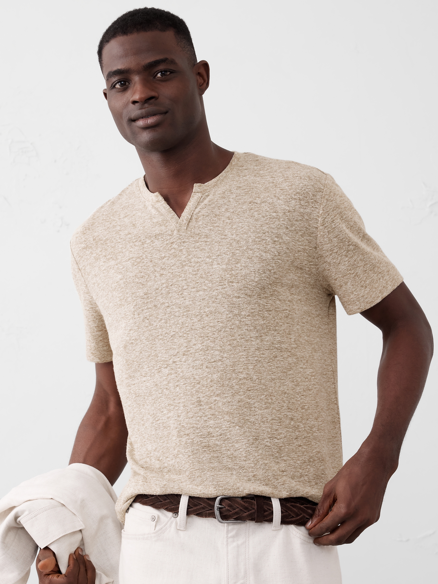 Image number 1 showing, Linen-Blend Notch-Neck T-Shirt