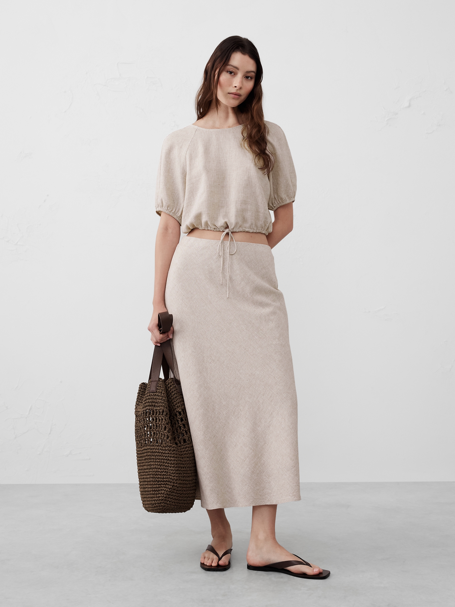 Linen-Blend Midi Slip Skirt