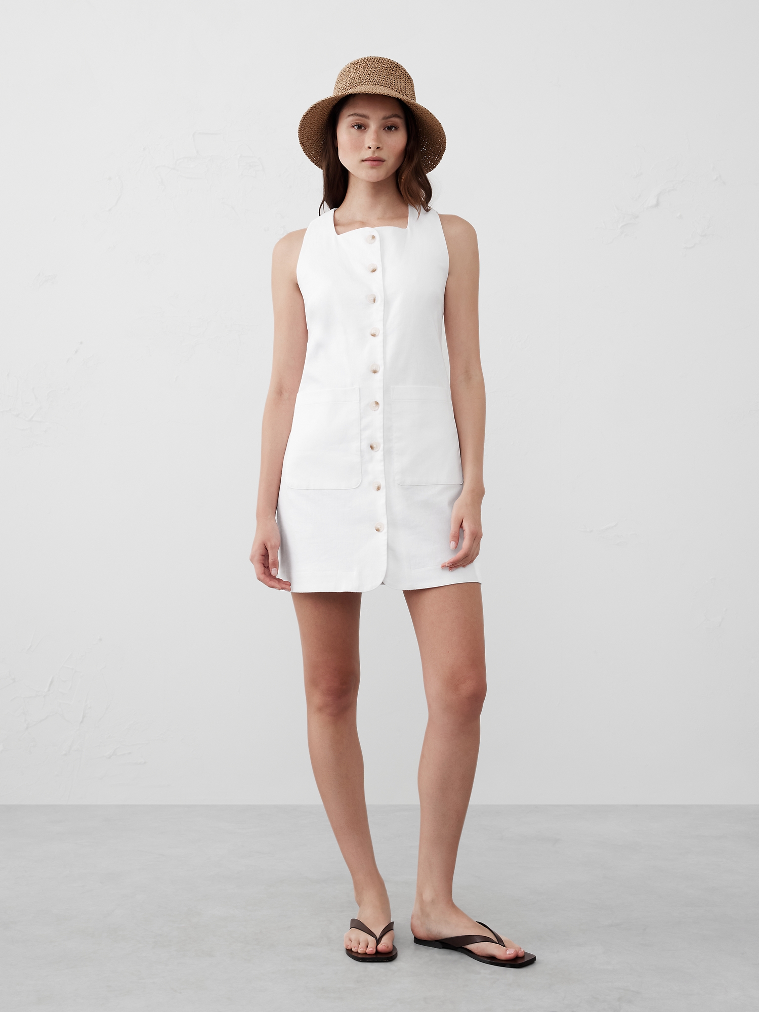 Square-Neck Linen-Blend Mini Dress