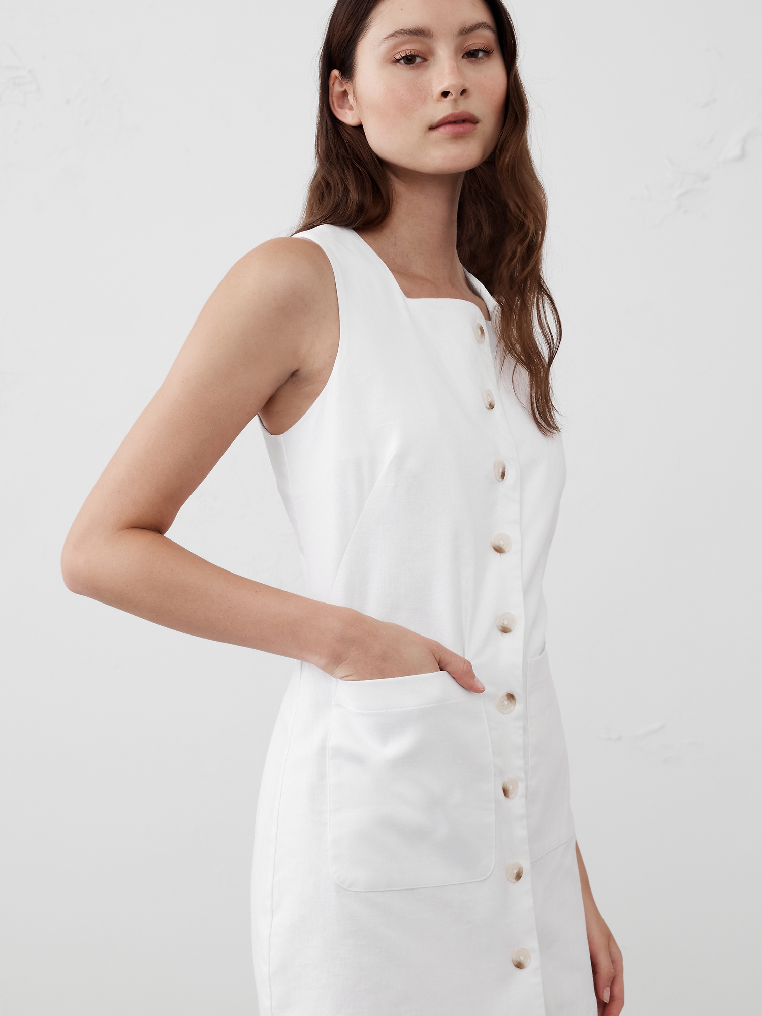 Square-Neck Linen-Blend Mini Dress