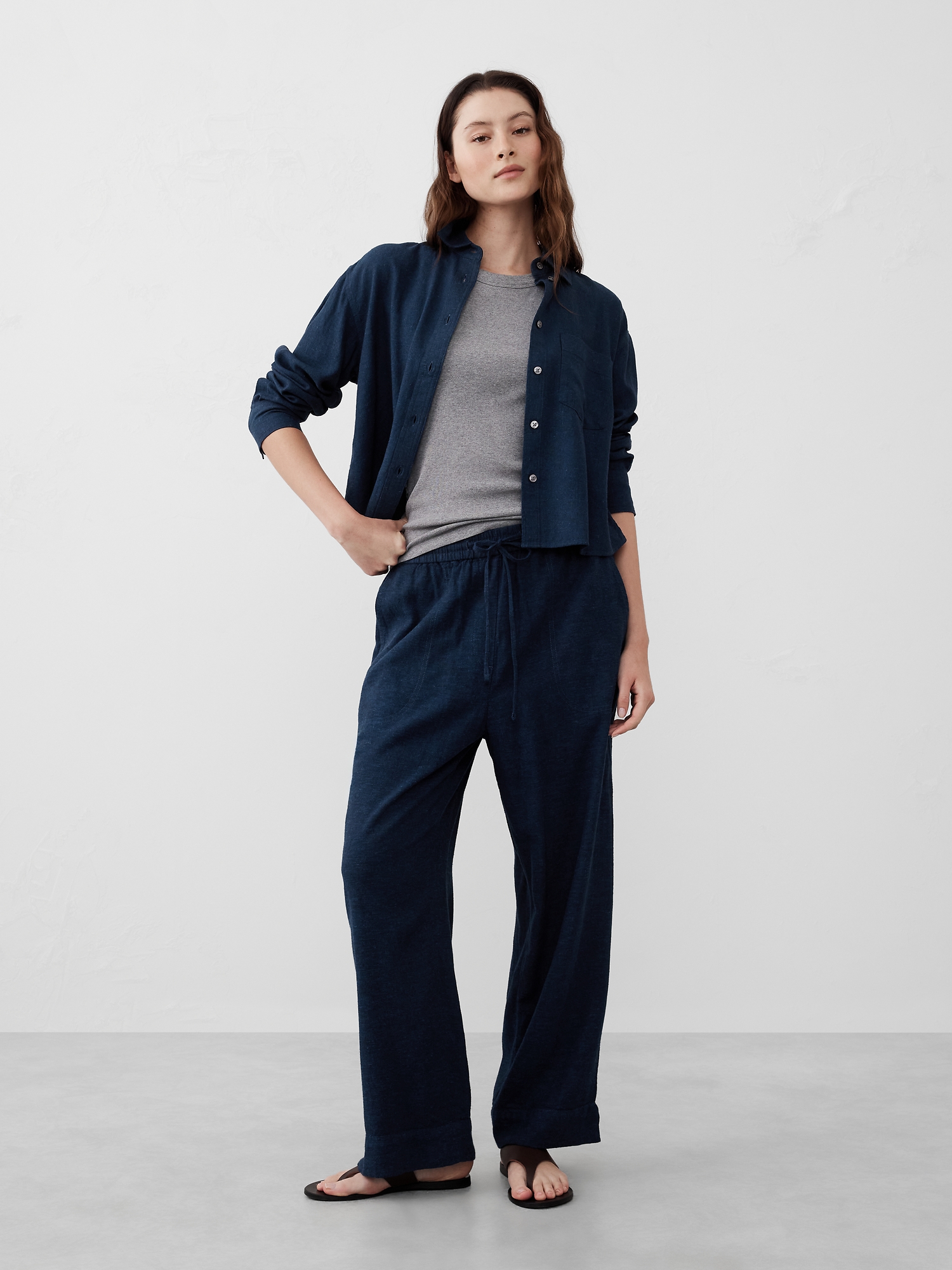 Pantalon droit en mélange de lin à taille extensible - Bleu Marine