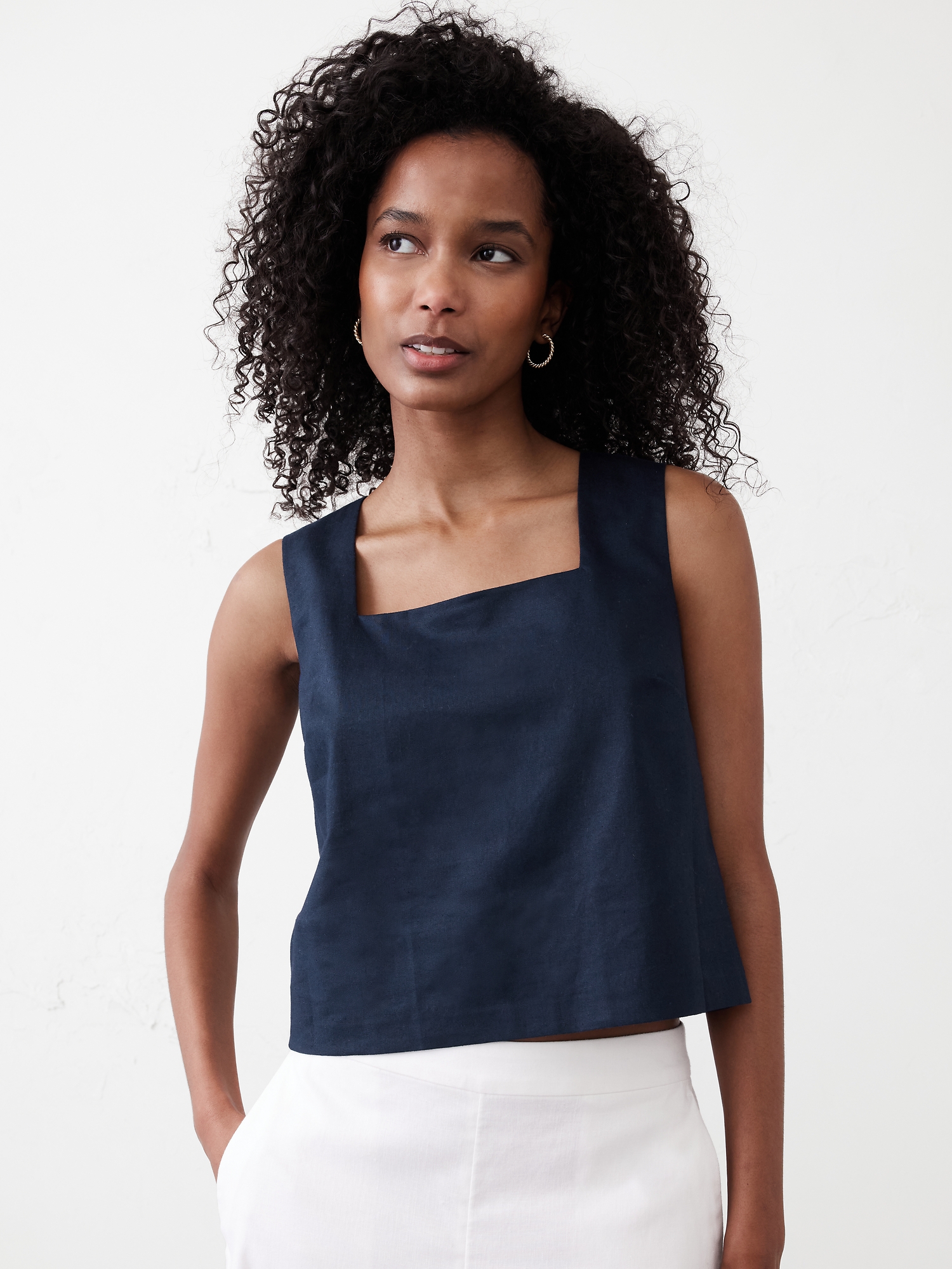 Linen-Blend Square-Neck Top