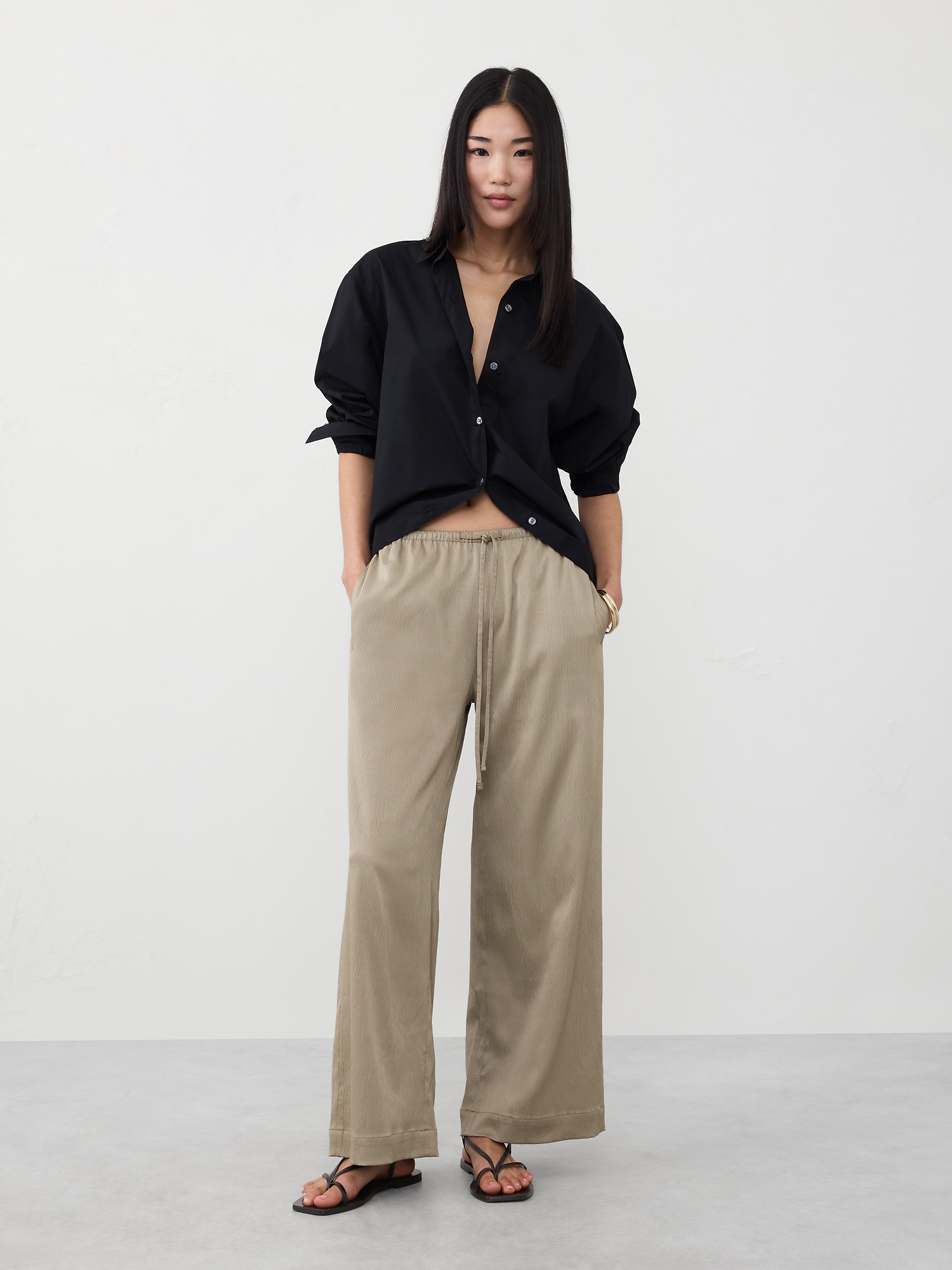 Image number 1 showing, Wide-Leg Crinkled Satin Pull-On Pant