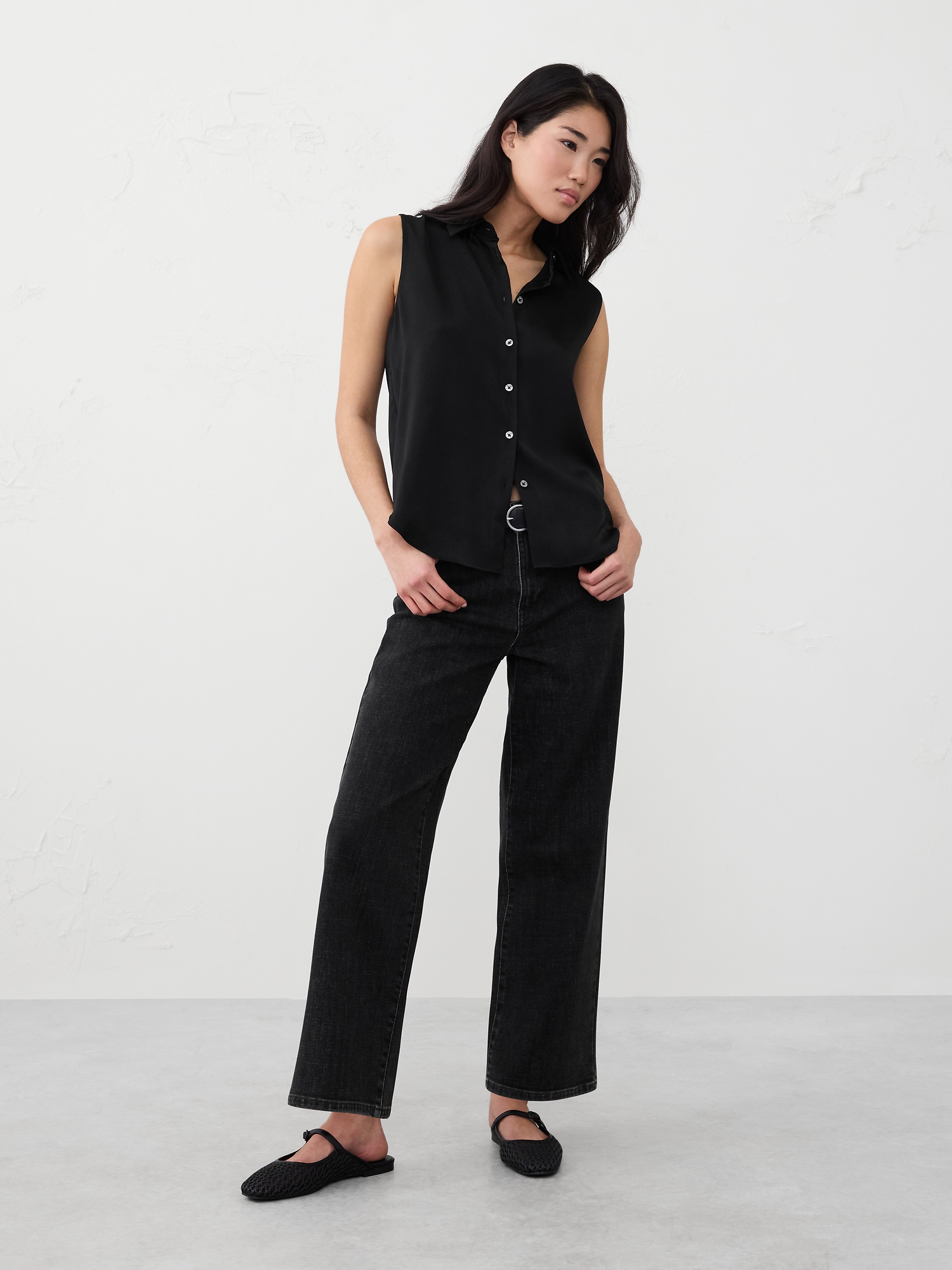 Silky Collared Top - Black