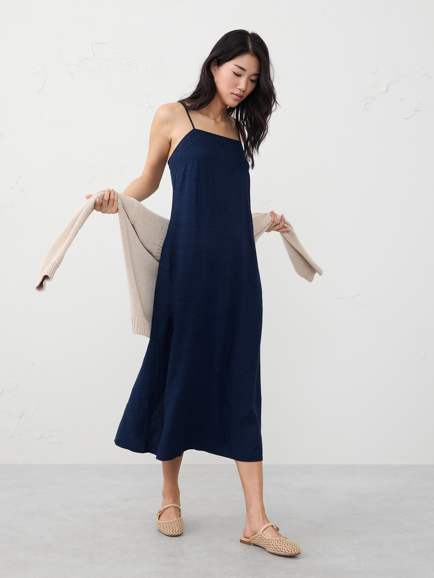 Linen-Blend Strappy Midi Dress