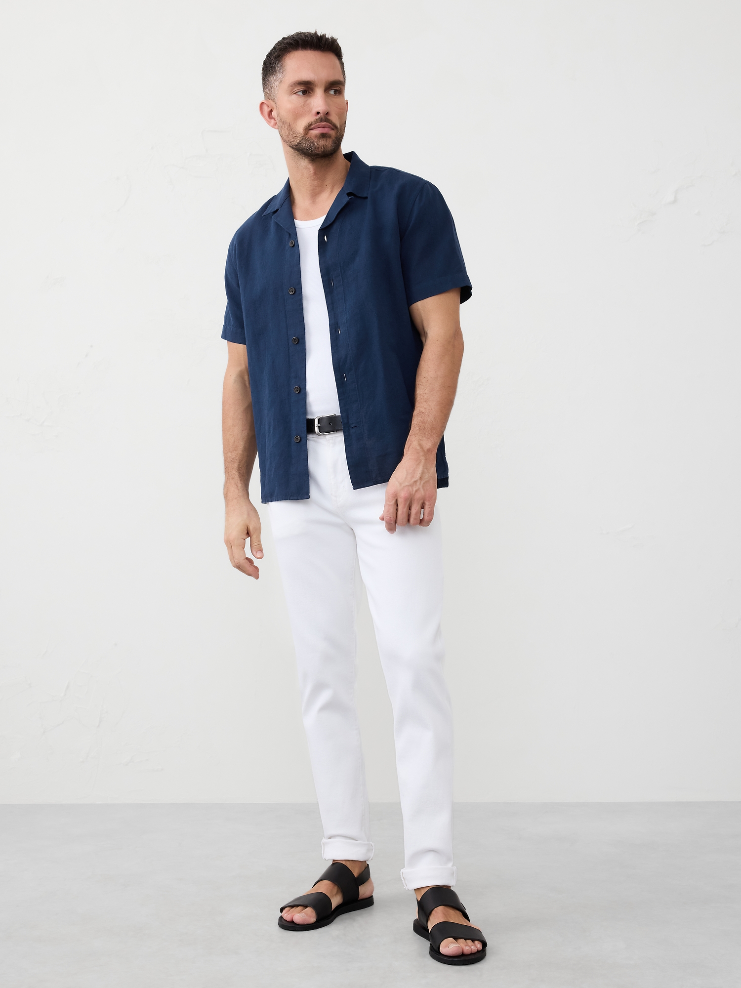 Standard Fit Linen-Blend Resort Shirt - Dark Blue