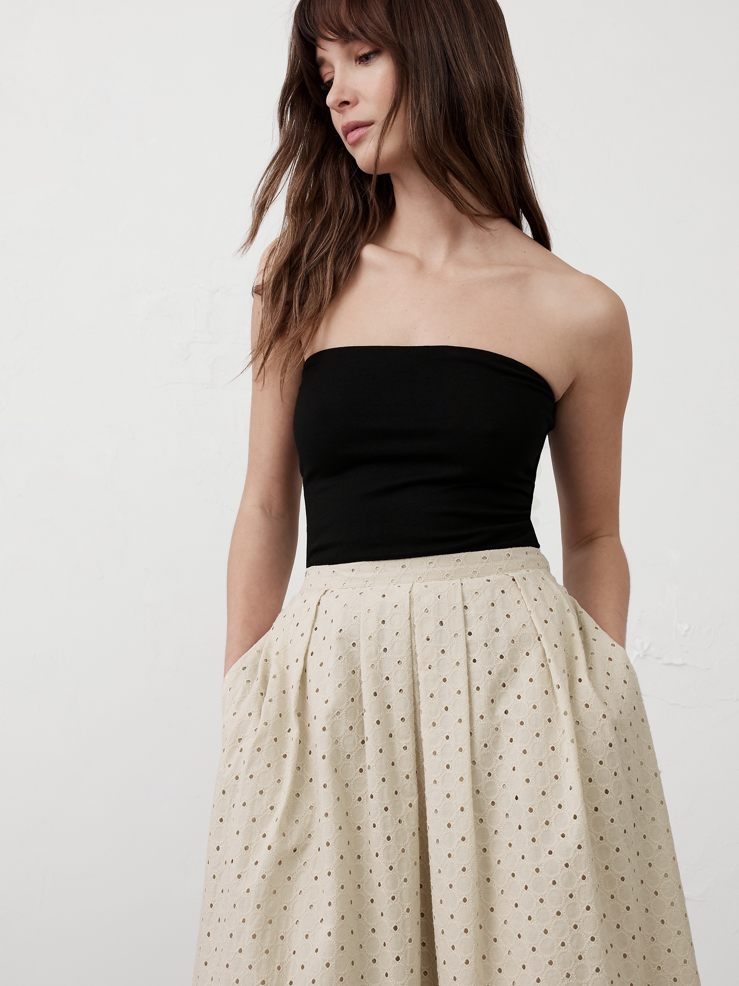 Pleated Eyelet Midi Skirt