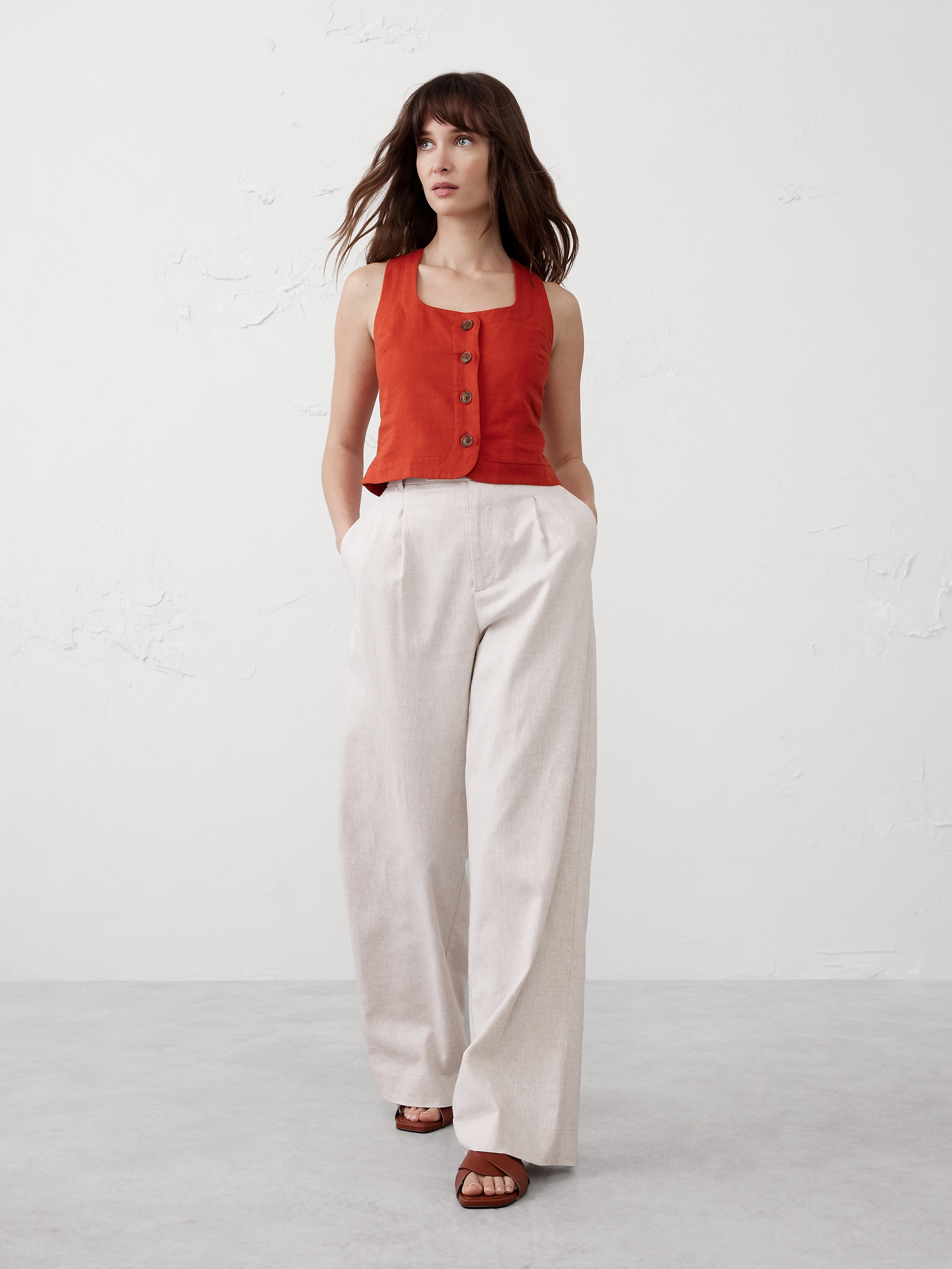 Linen-Blend Buttoned Top - Scorched Orange