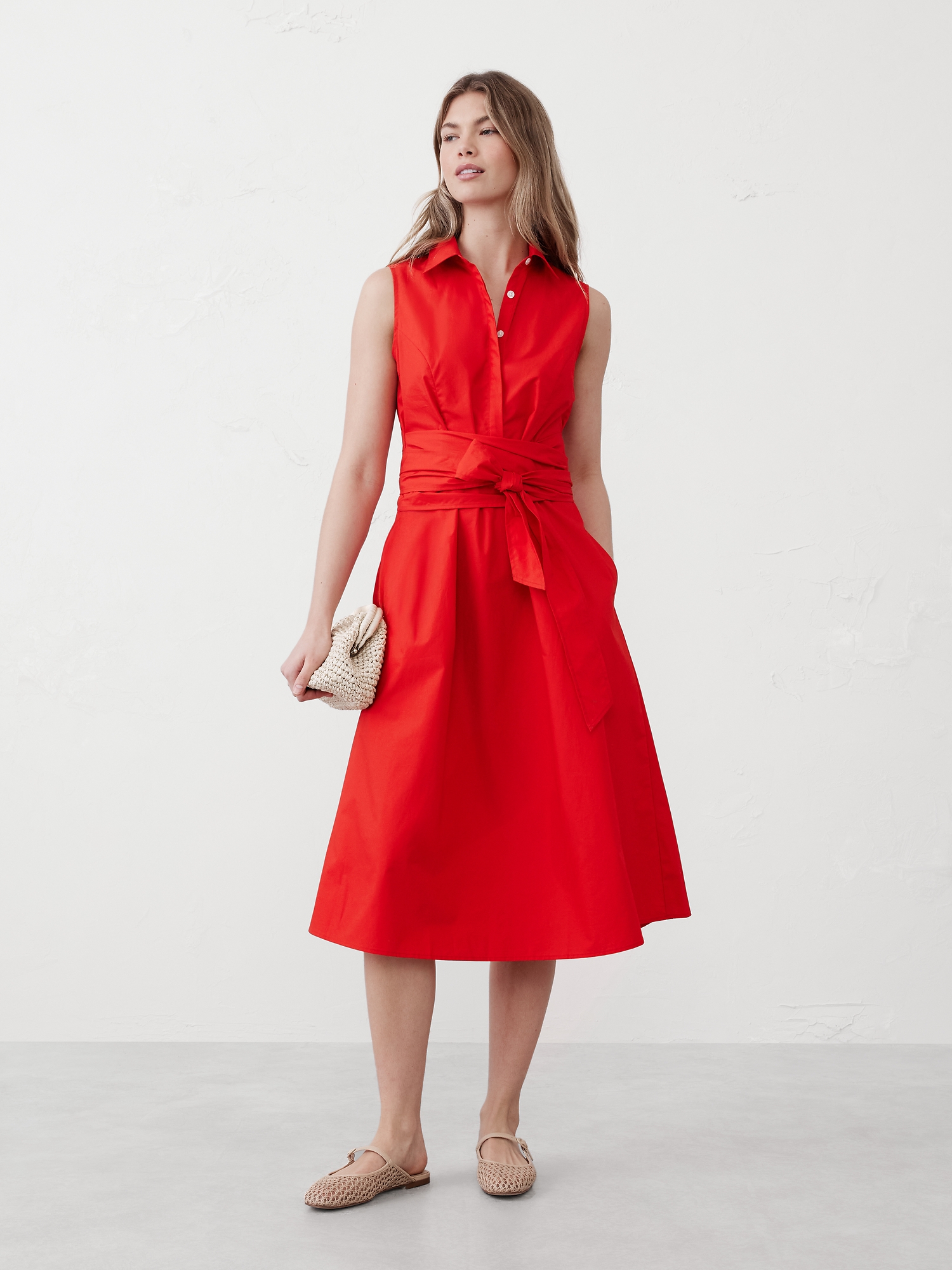 Poplin Cross-Waist Midi Dress