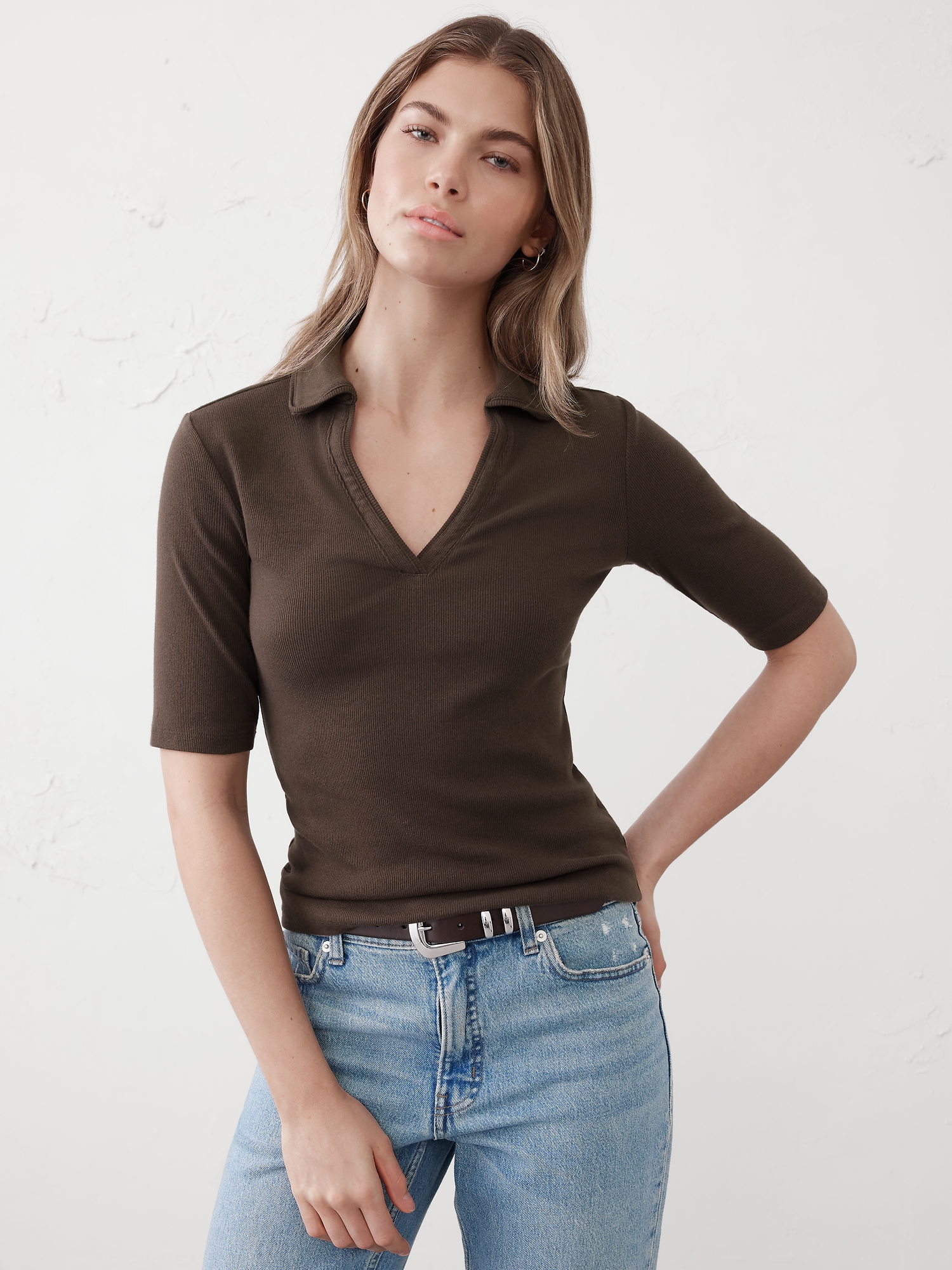 Ribbed Elbow-Sleeve Polo