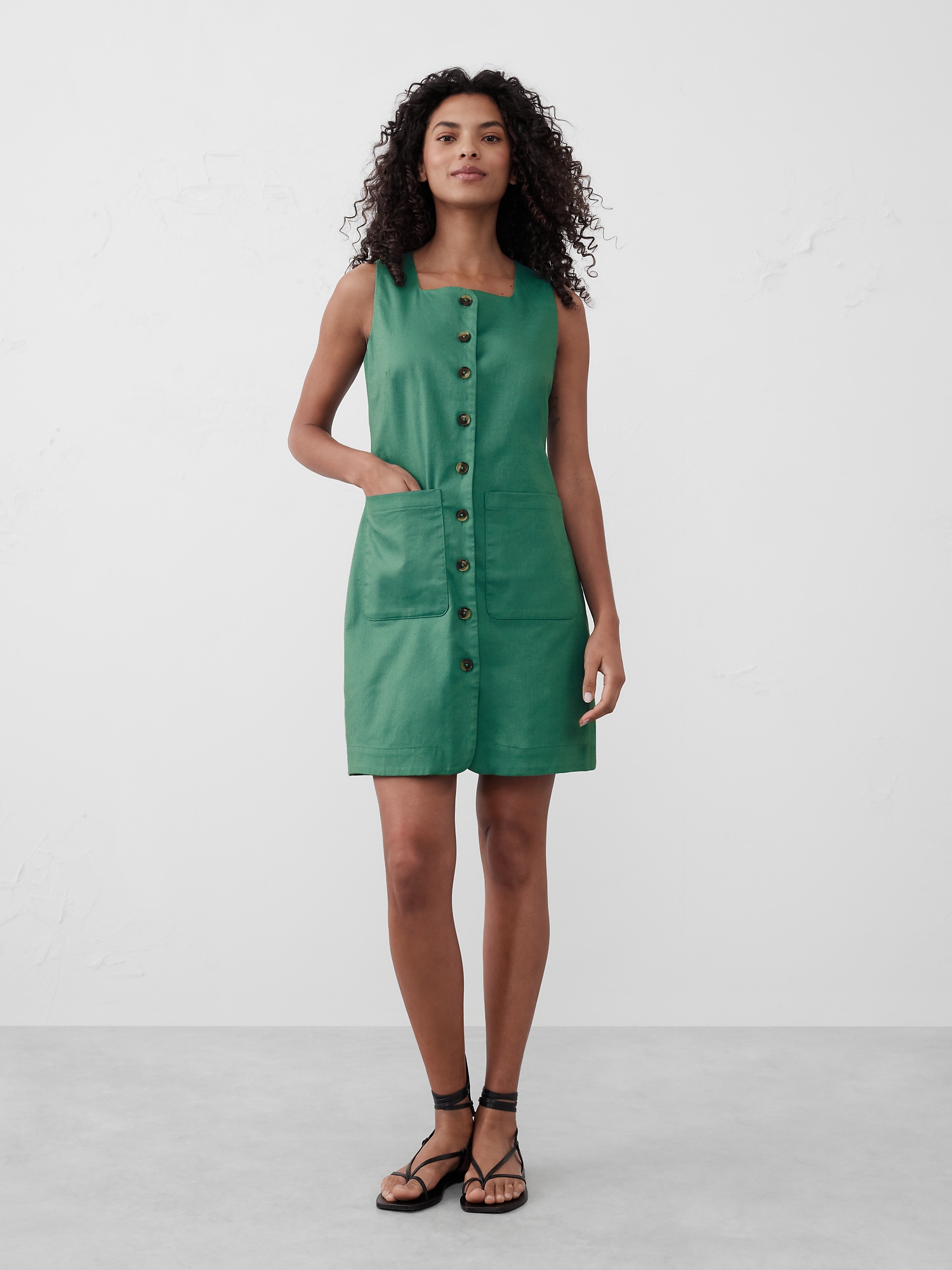 Square-Neck Linen-Blend Mini Dress