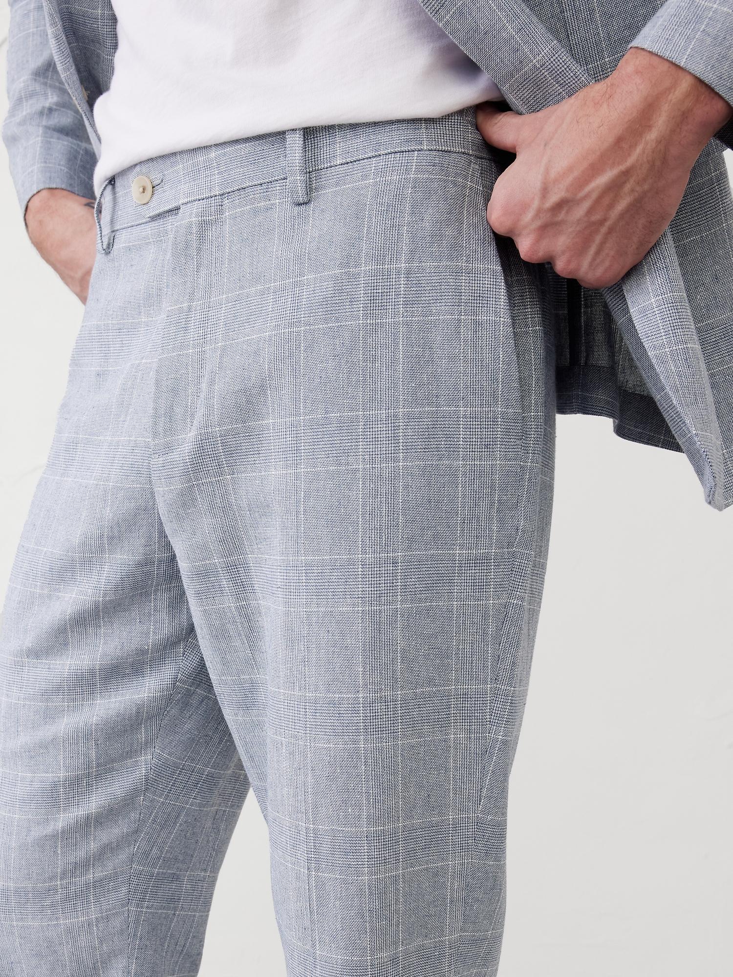 Tailored-Fit Linen-Blend Blue Glen Plaid  Suit Trouser