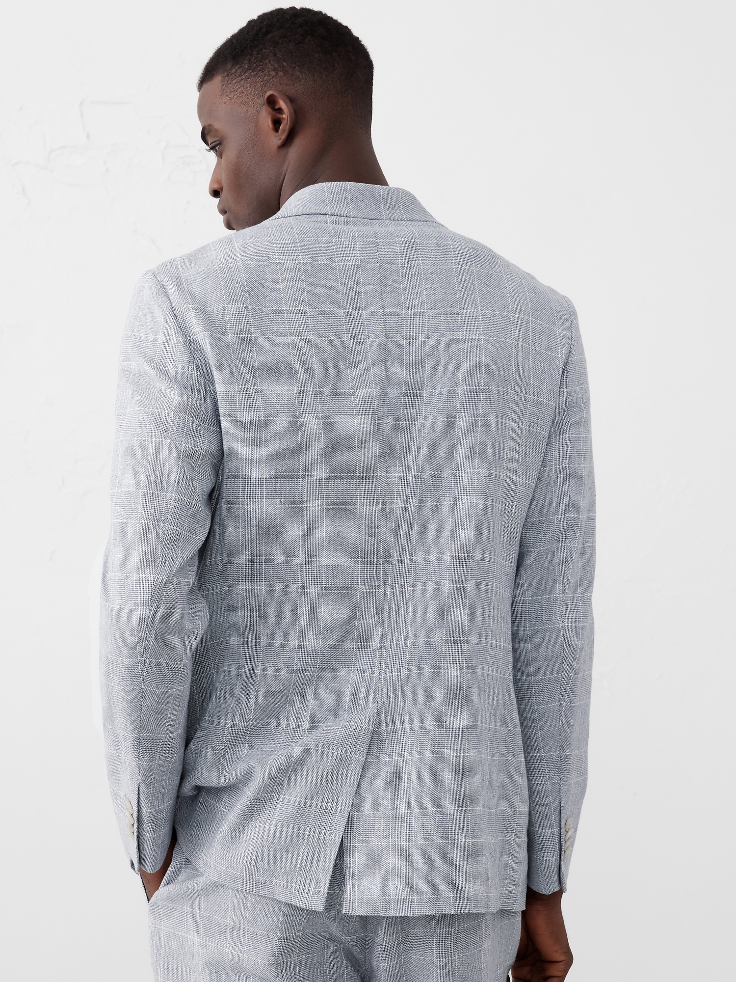 Tailored-Fit Linen-Blend Blue Glen Plaid Suit Jacket