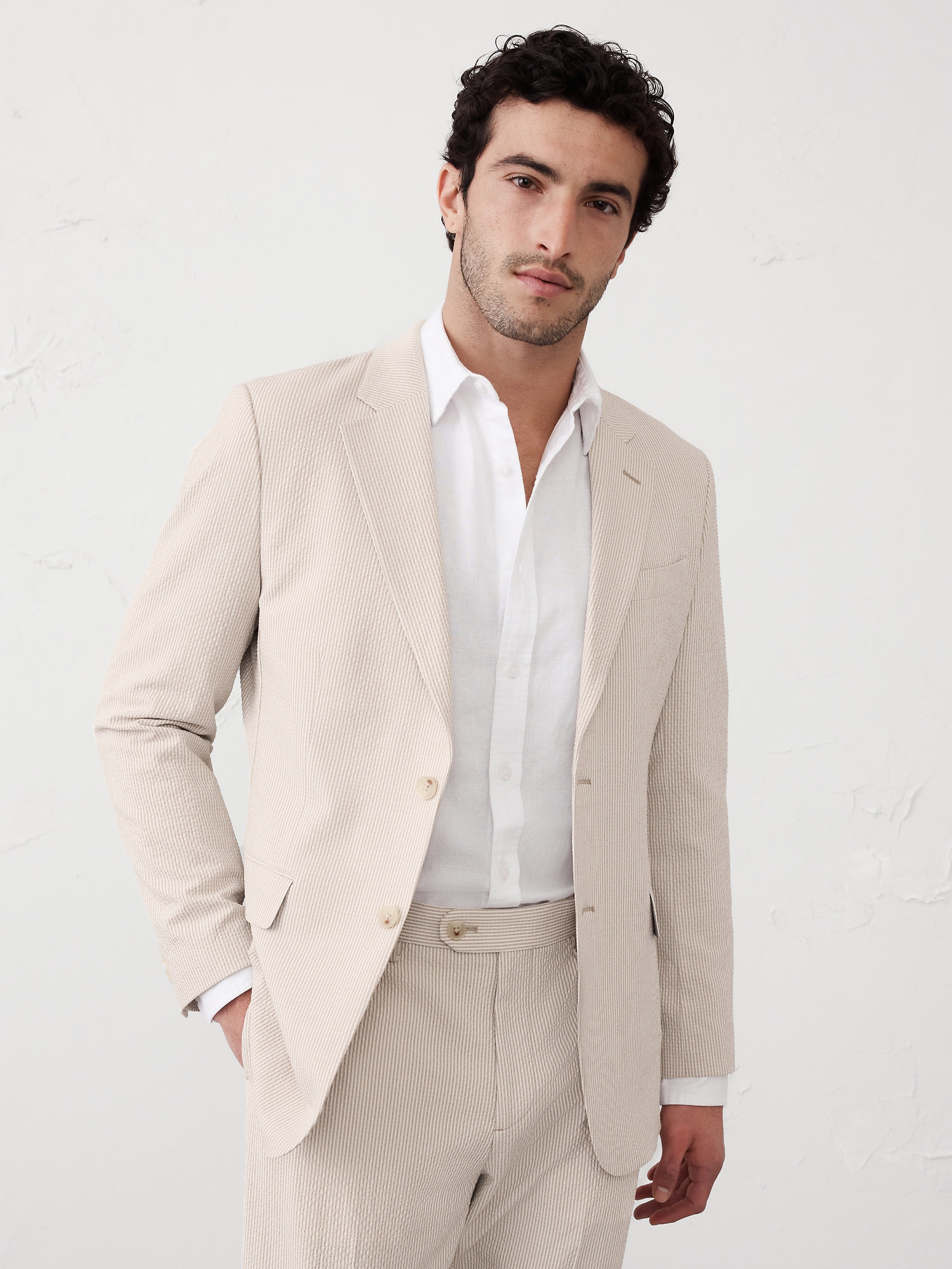 Tailored-Fit Khaki Seersucker Suit Jacket