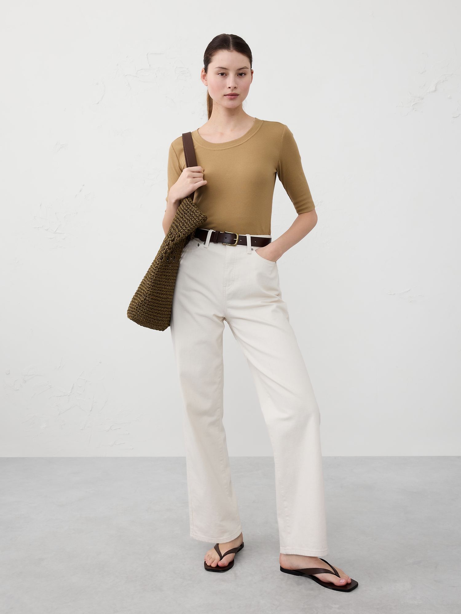 Ribbed Elbow-Sleeve T-Shirt - Beige