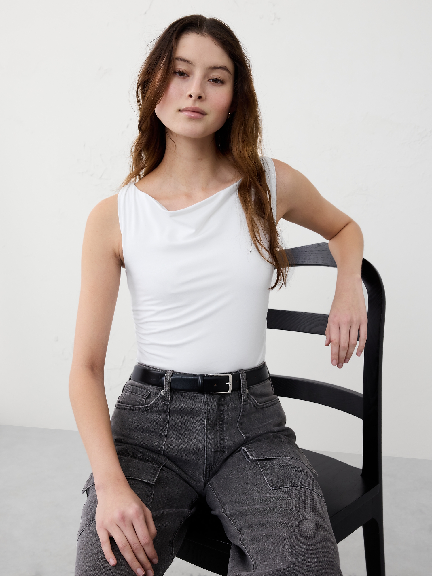 Soft Stretch Shirred-Waist Boat-Neck Top