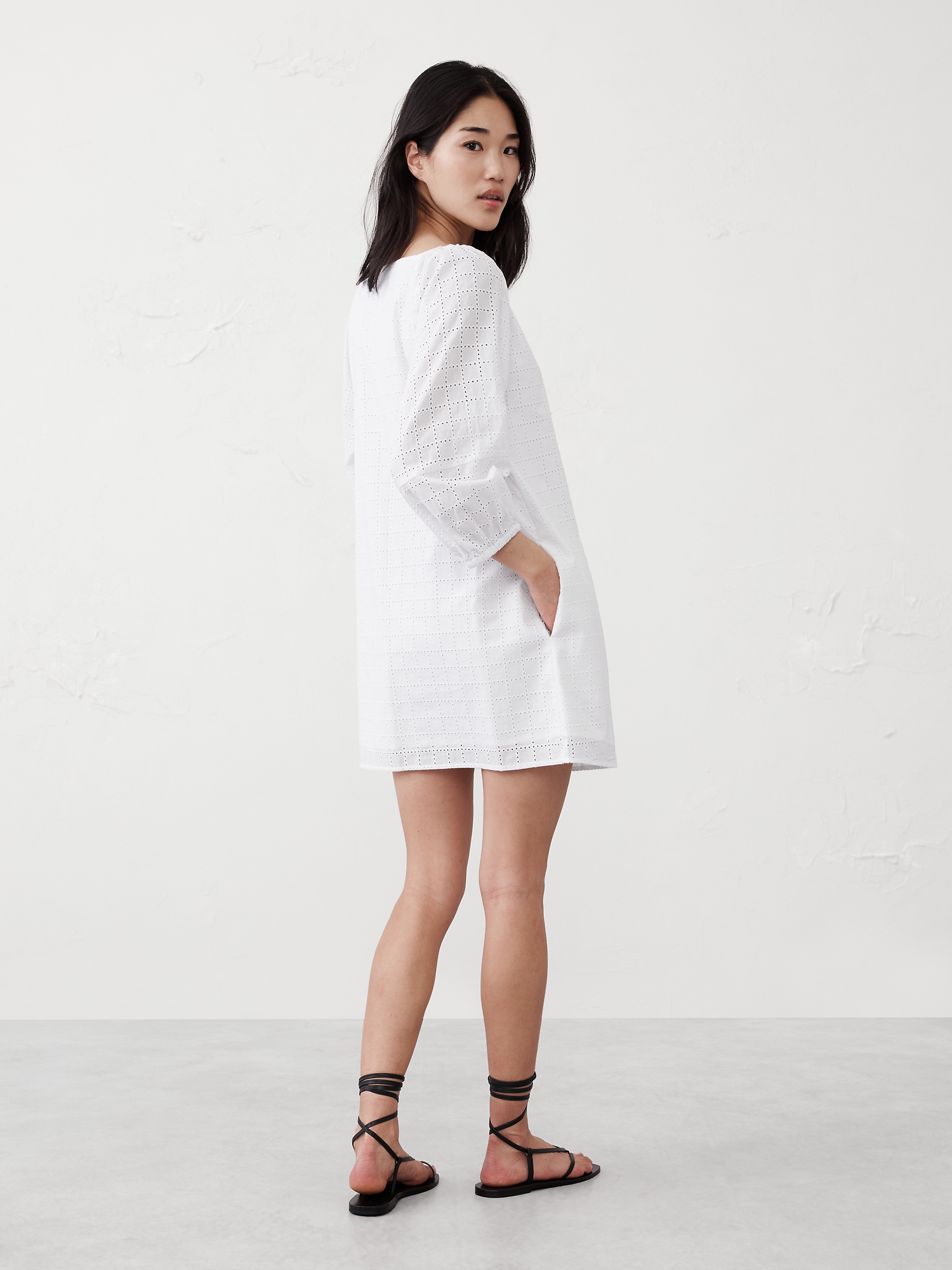 Eyelet Puff-Sleeve Mini Dress