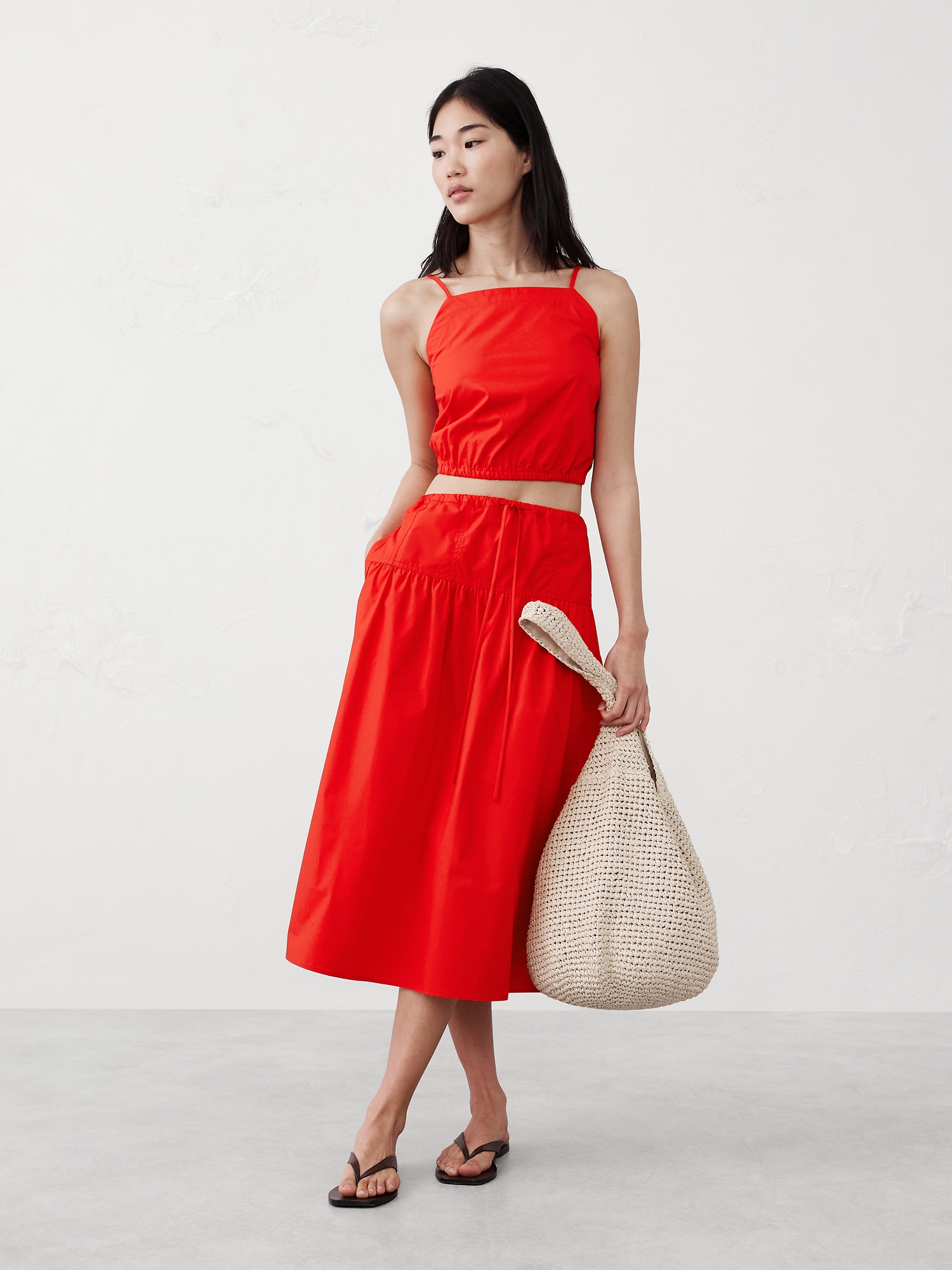 Poplin Drop-Waist Midi Skirt