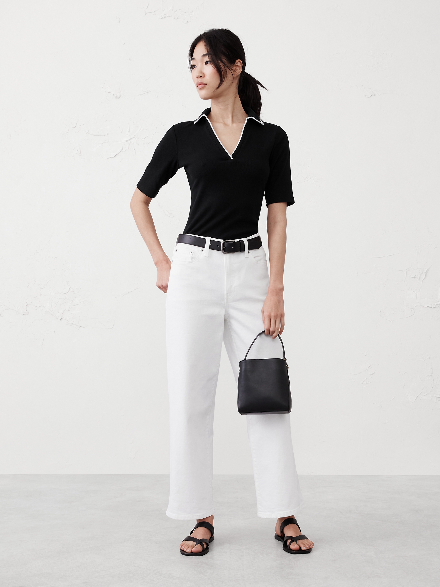 Ribbed Elbow-Sleeve Polo