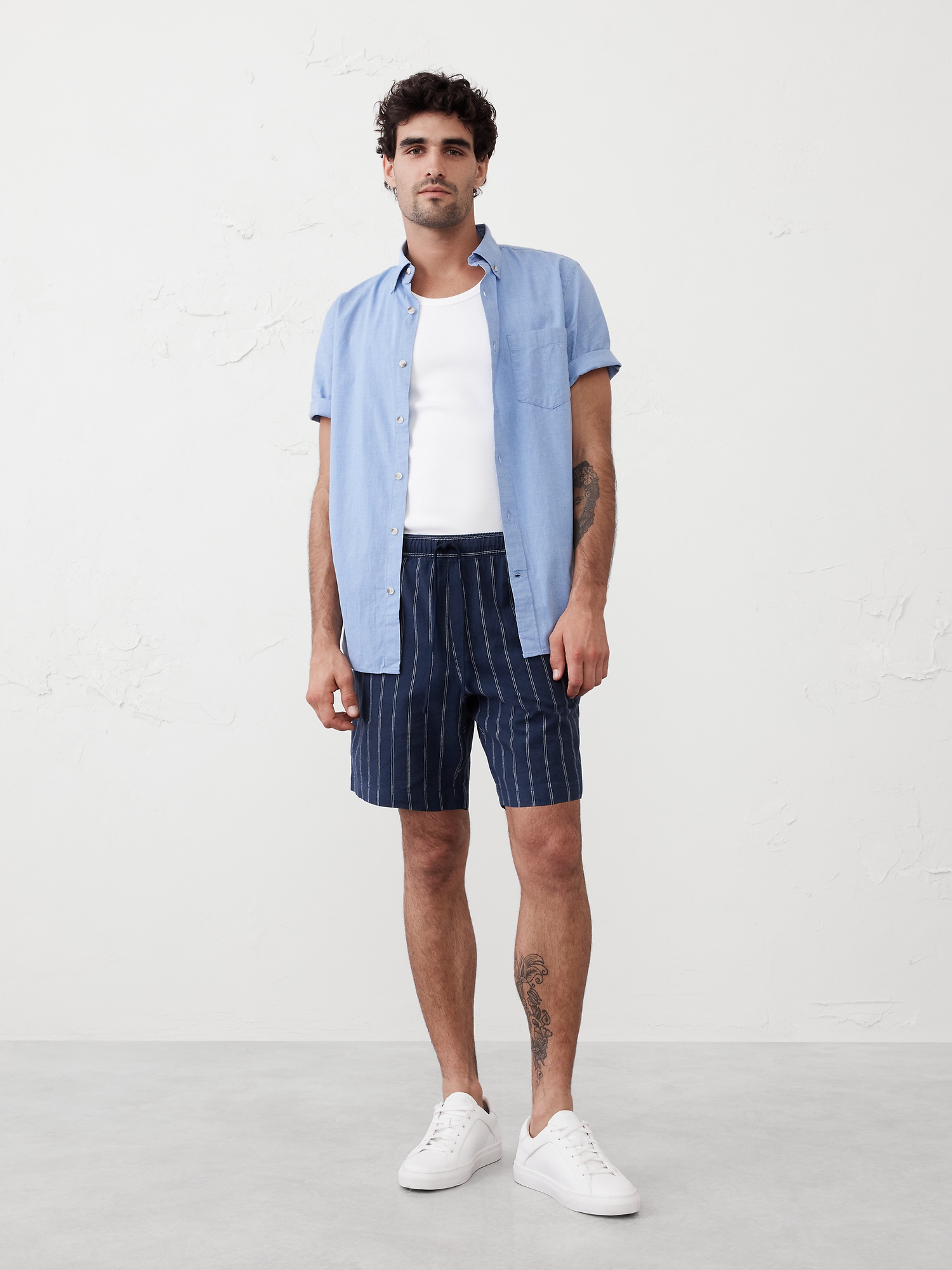 7" Linen-Blend Deck Short - Navy With Cream Stripe