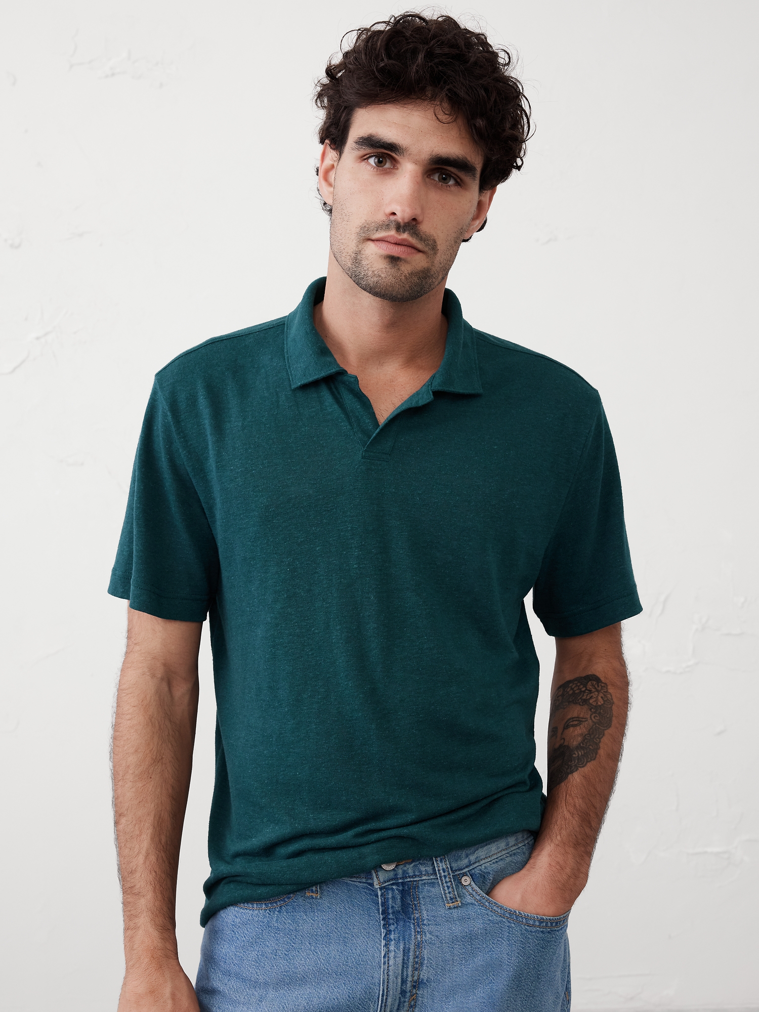 Linen-Blend Johnny Collar Polo