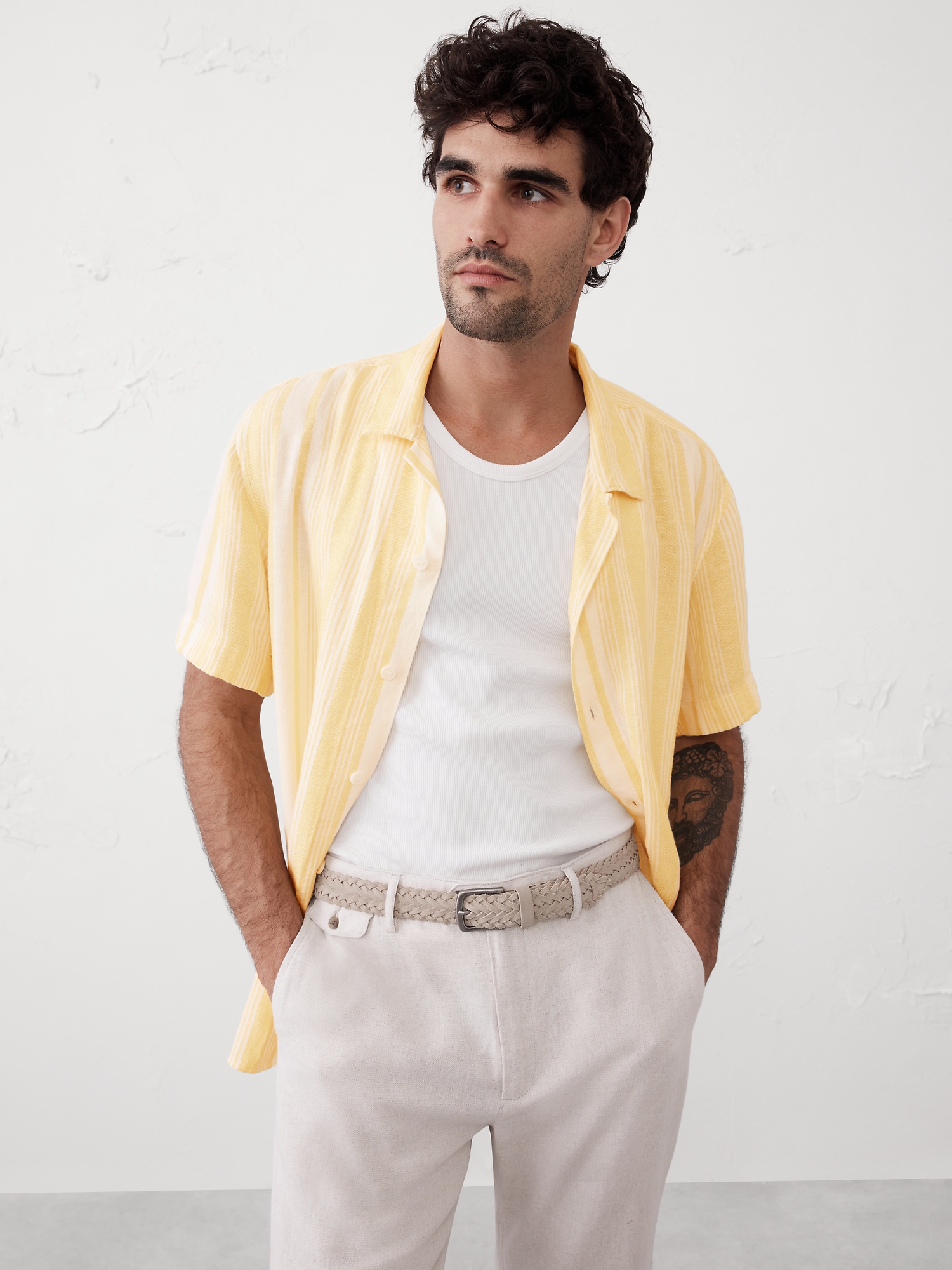 Standard Fit Textured Resort Shirt - Yellow Stripe