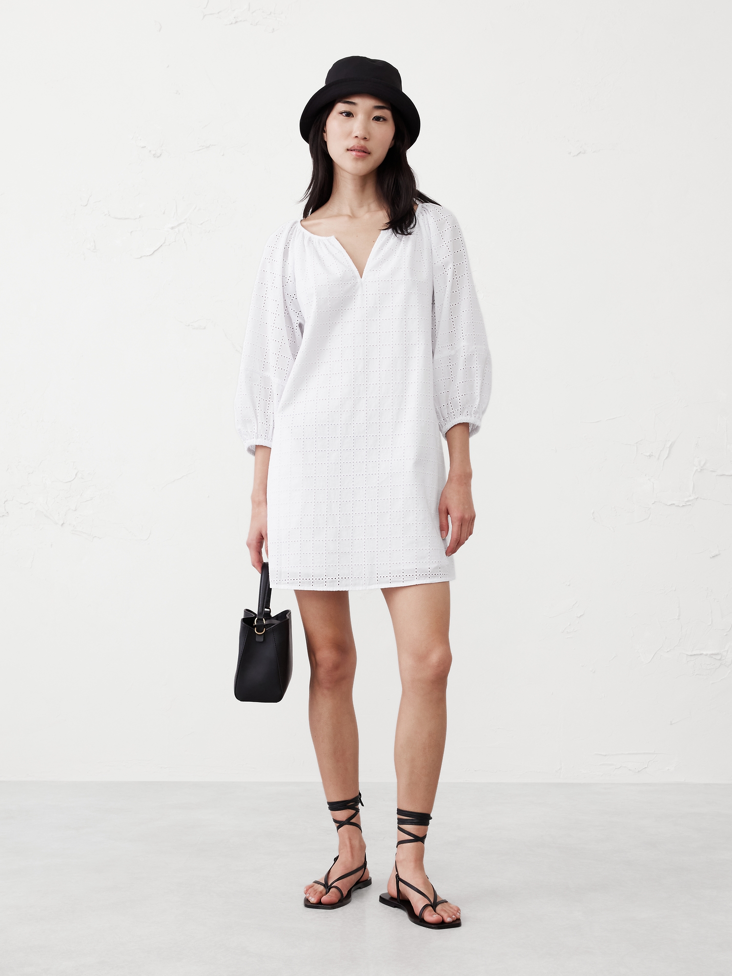 Eyelet Puff-Sleeve Mini Dress