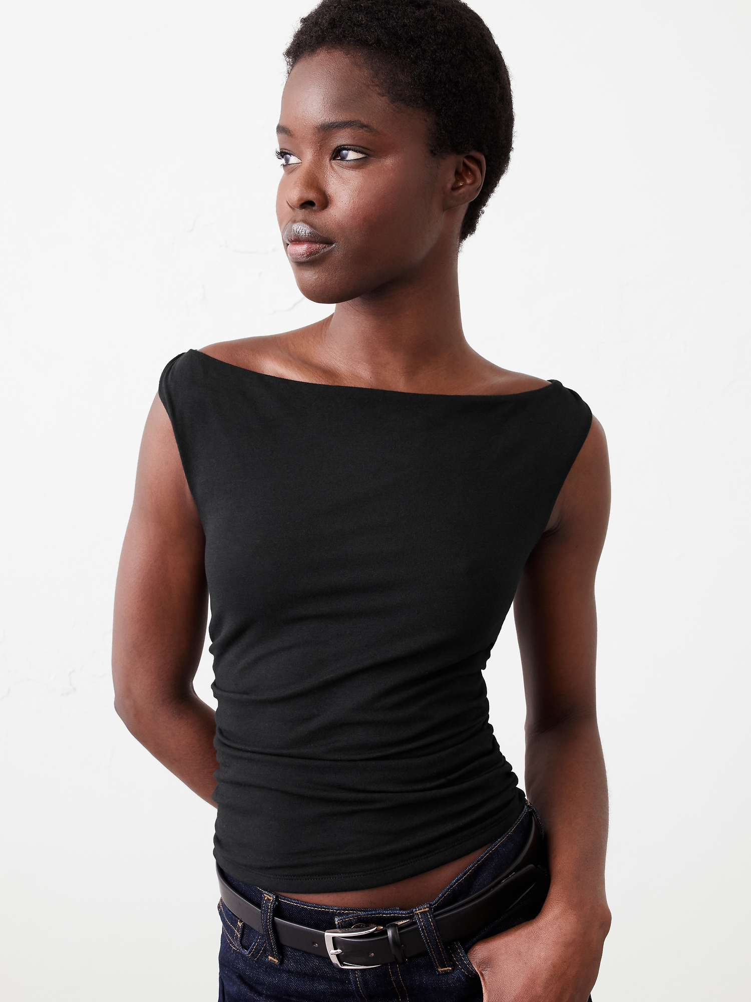 Soft Stretch Shirred-Waist Boat-Neck Top