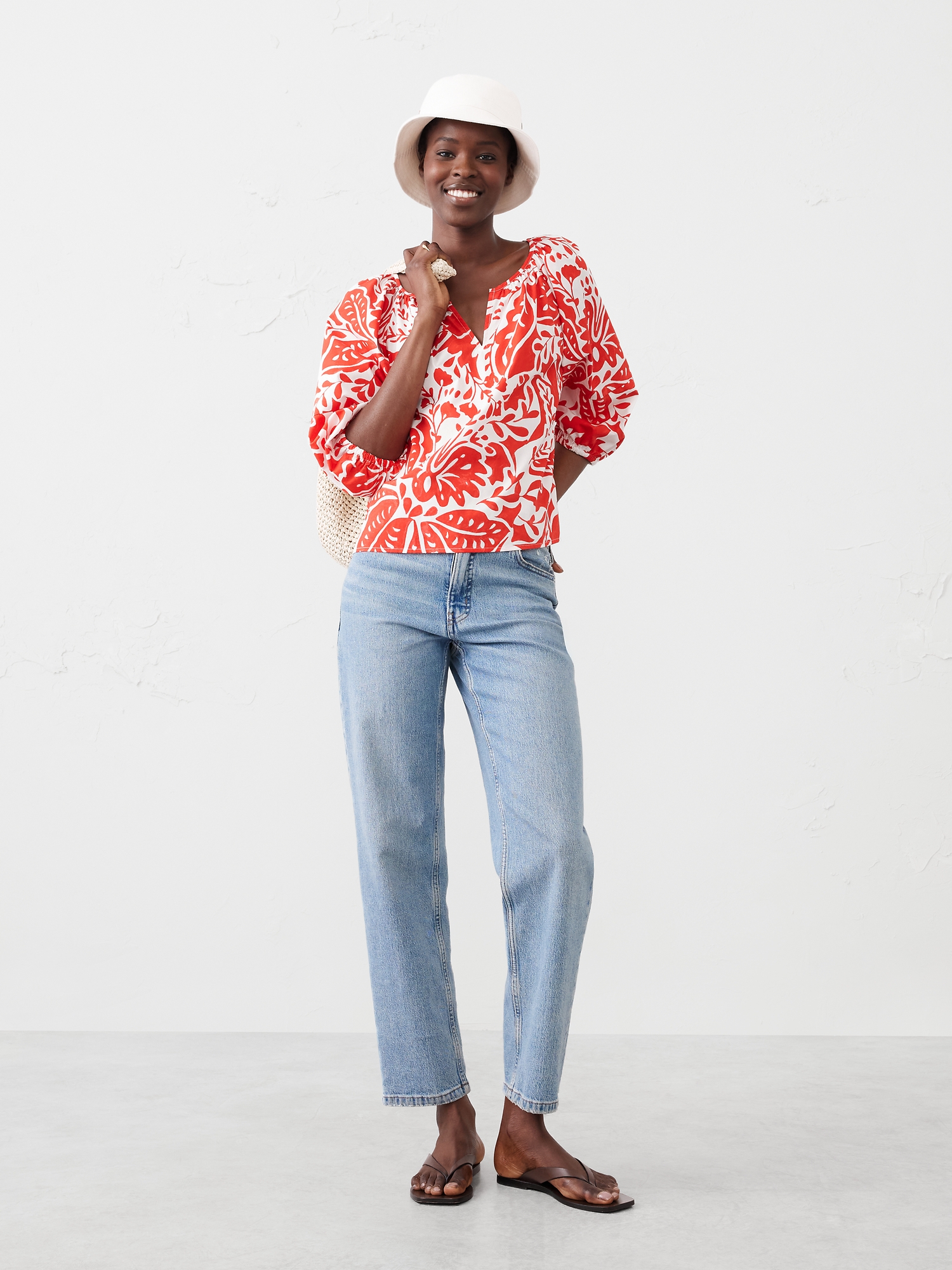 Lantern-Sleeve Poplin Top