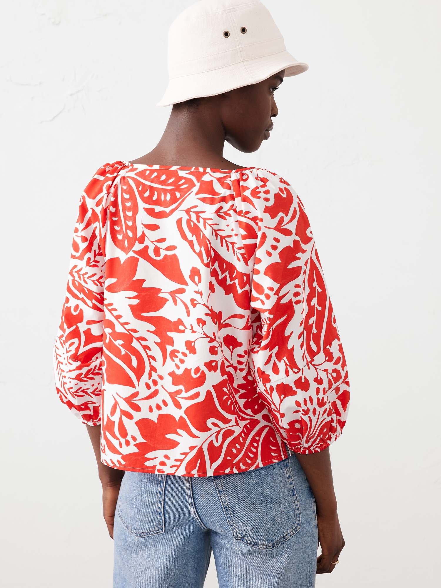 Lantern-Sleeve Poplin Top
