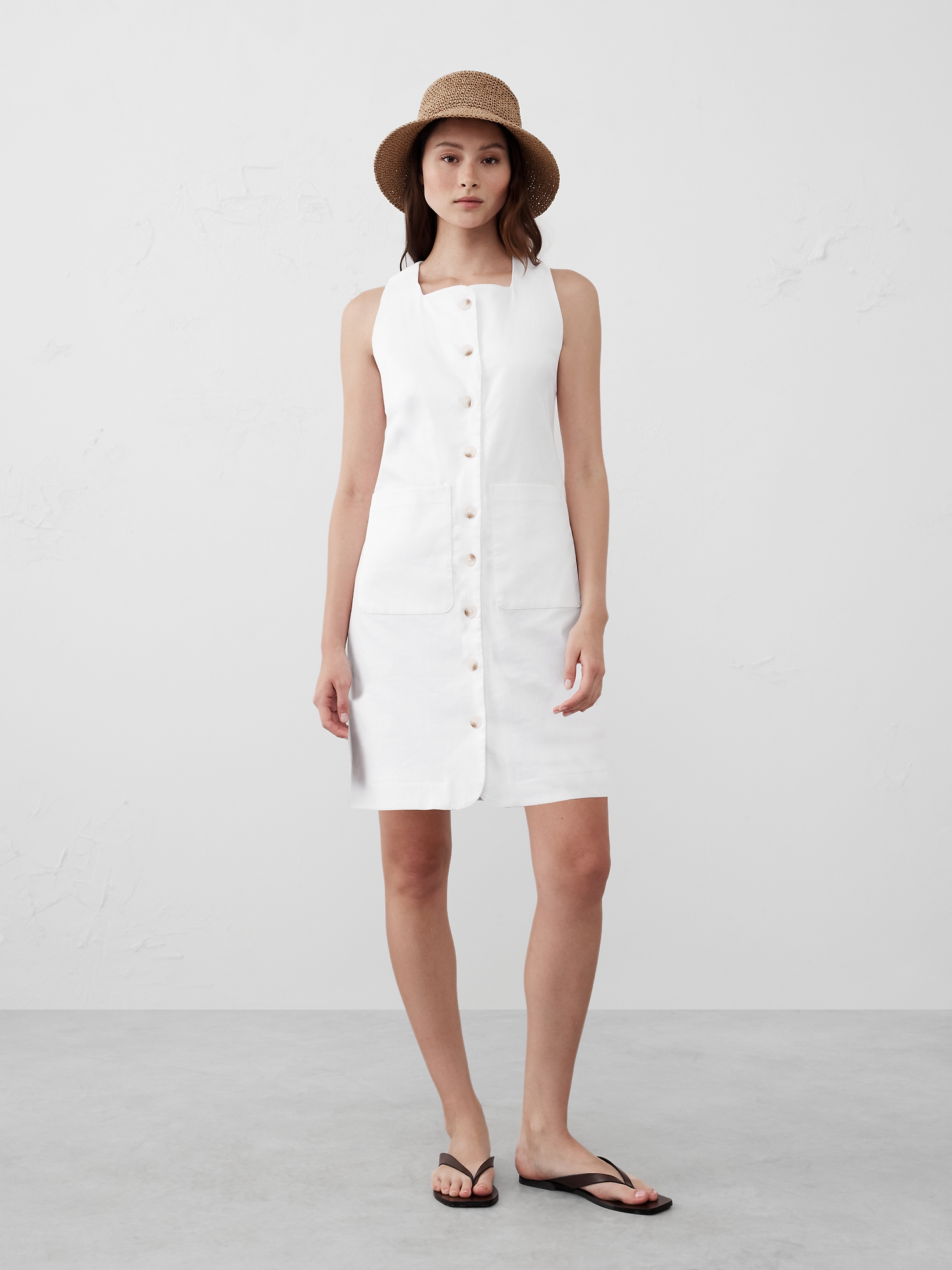 Square-Neck Linen-Blend Mini Dress
