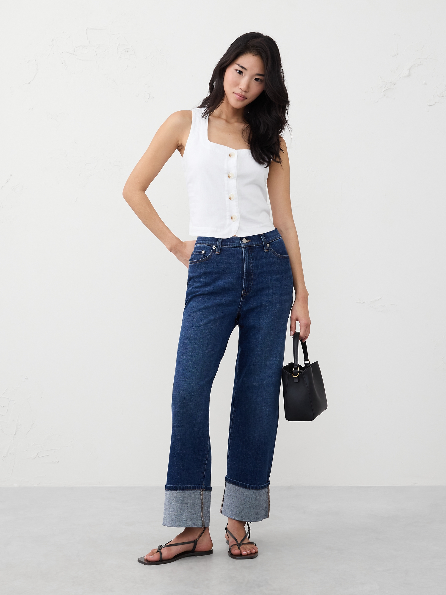 Linen-Blend Buttoned Top - White