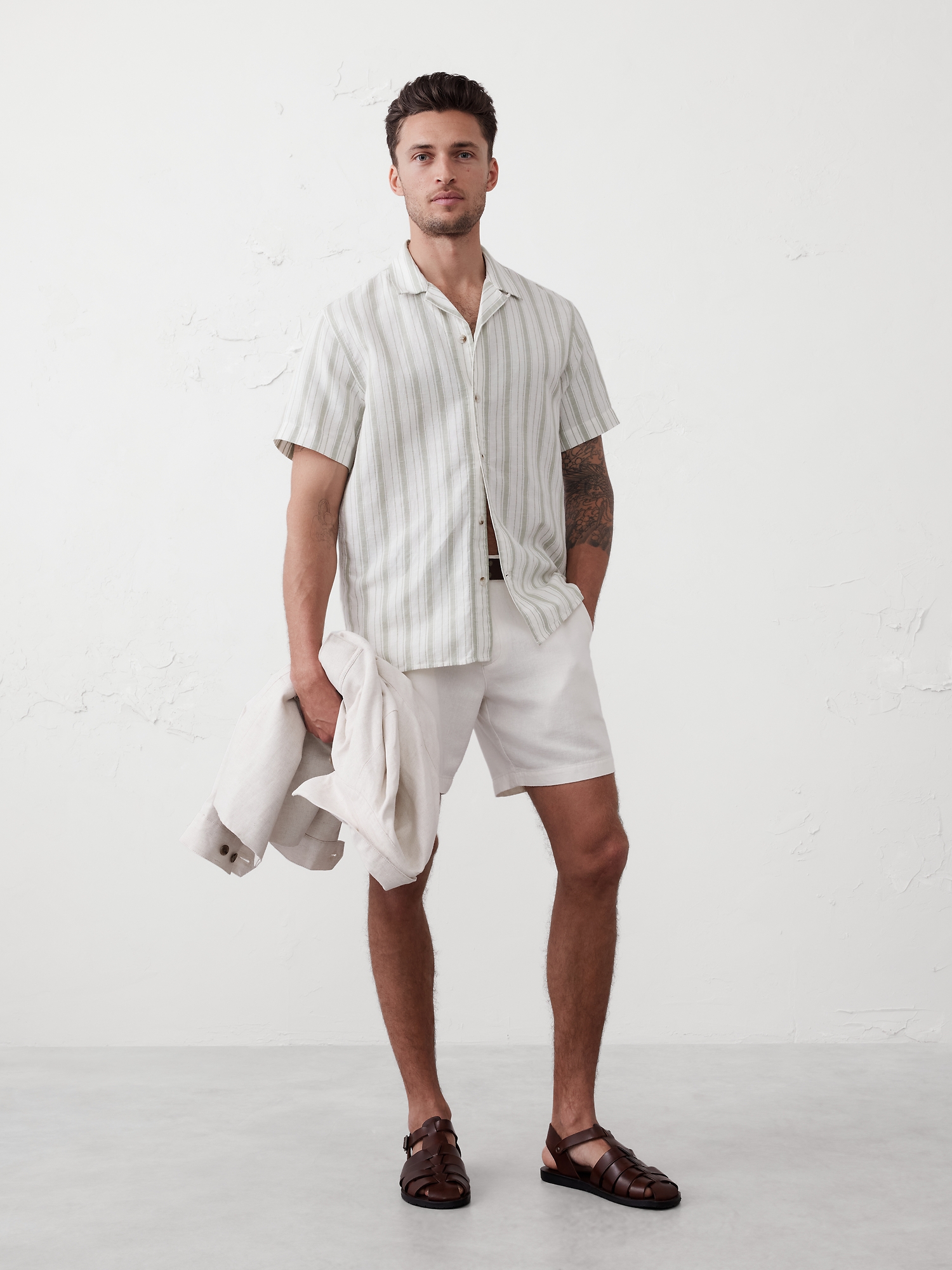 Standard Fit Linen-Blend Resort Shirt - Green Stripe