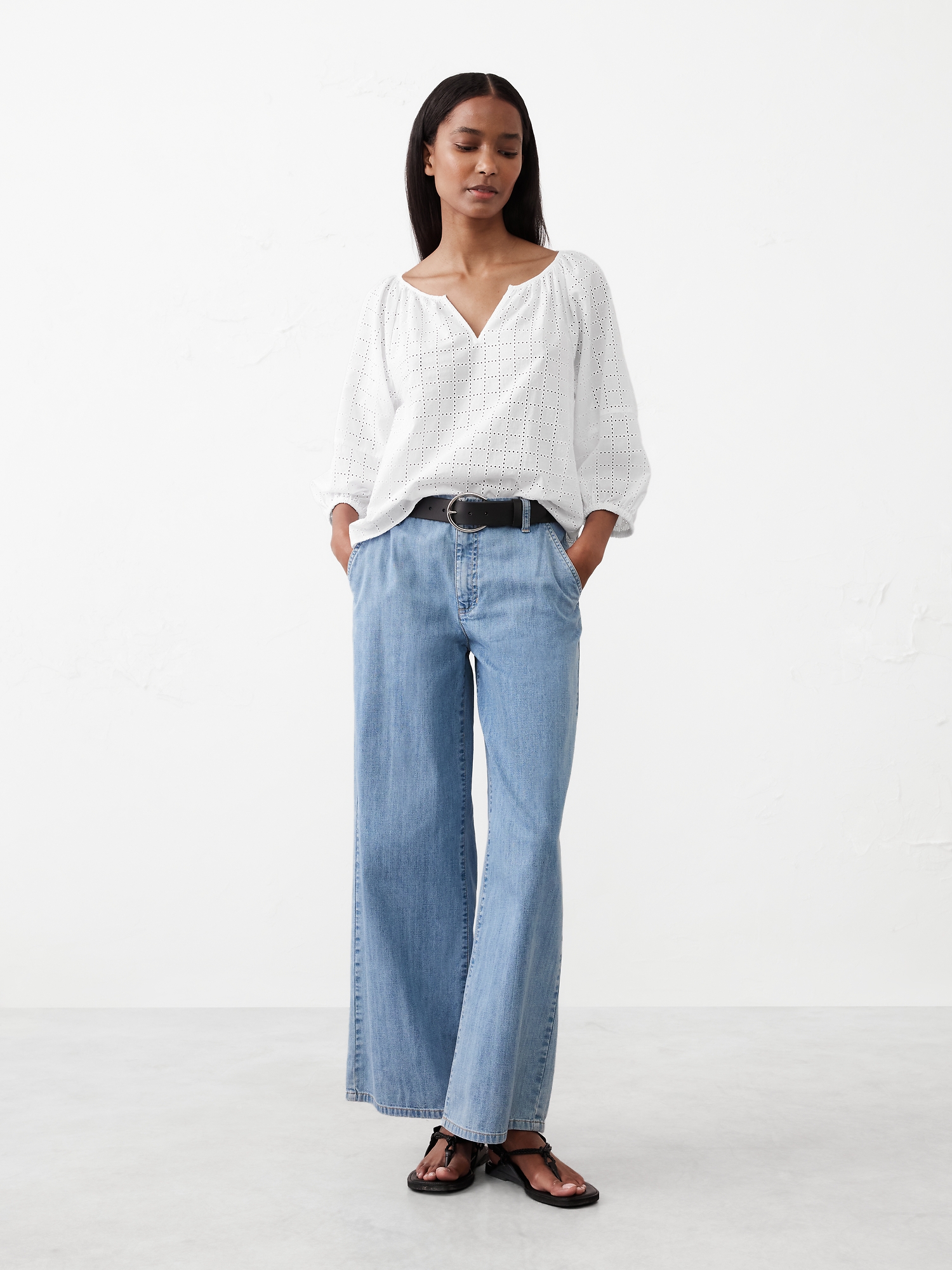 Lantern Sleeve Eyelet Top