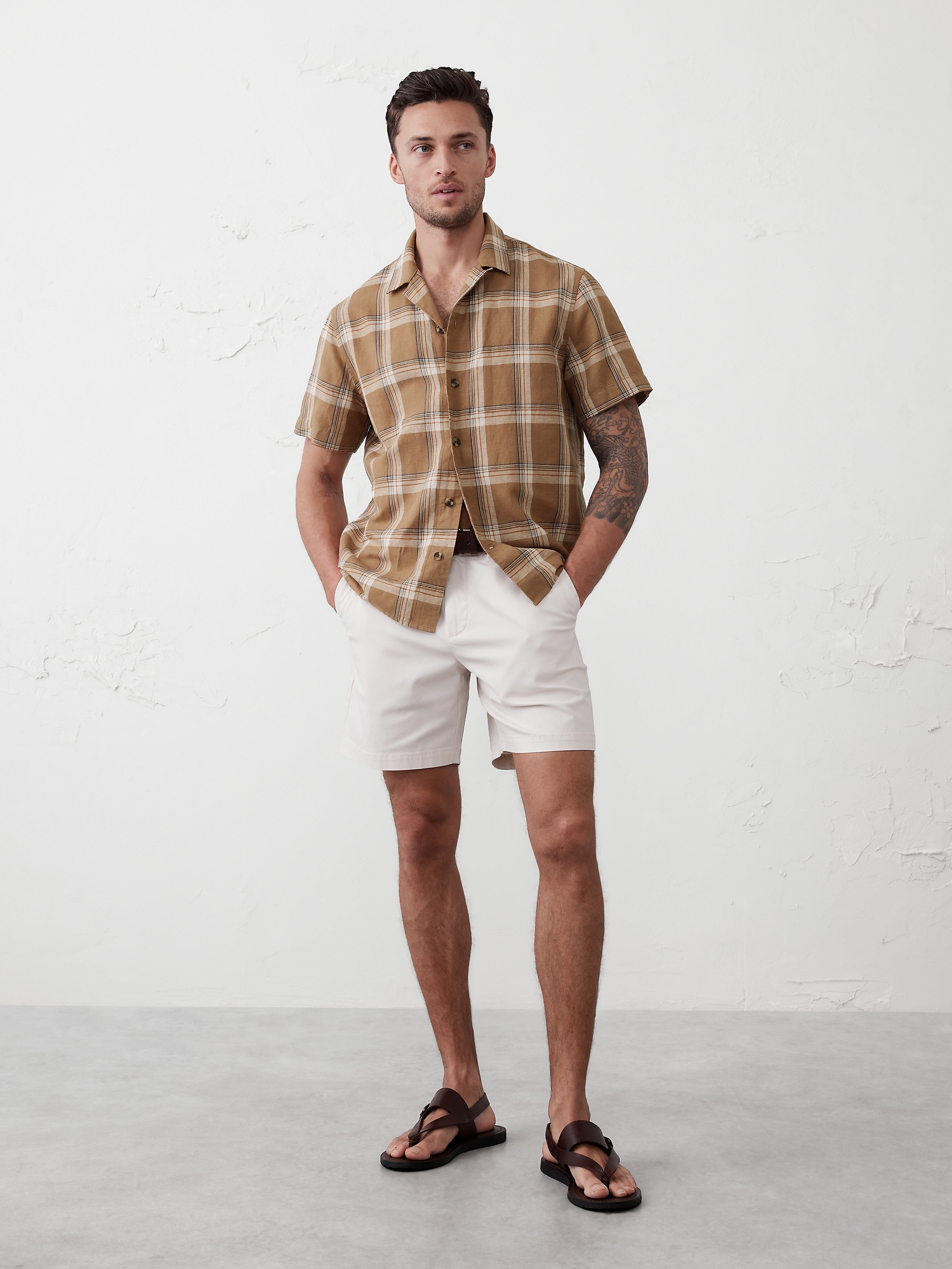 Standard Fit Linen-Blend Resort Shirt - Brown