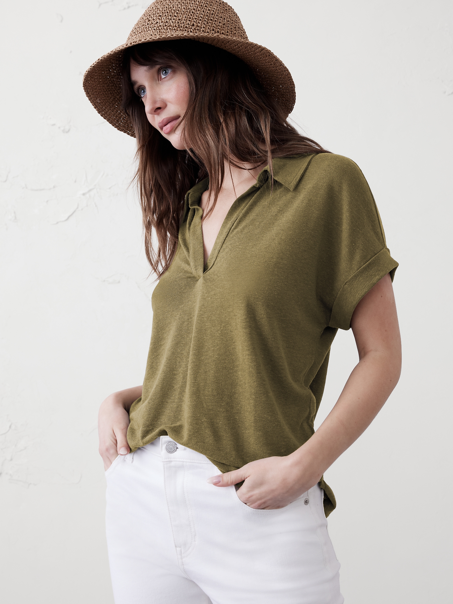 Linen-Blend Johnny Collar Shirt