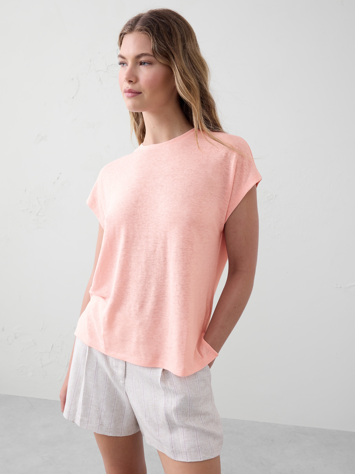 Linen-Blend Dolman T-Shirt - Pink