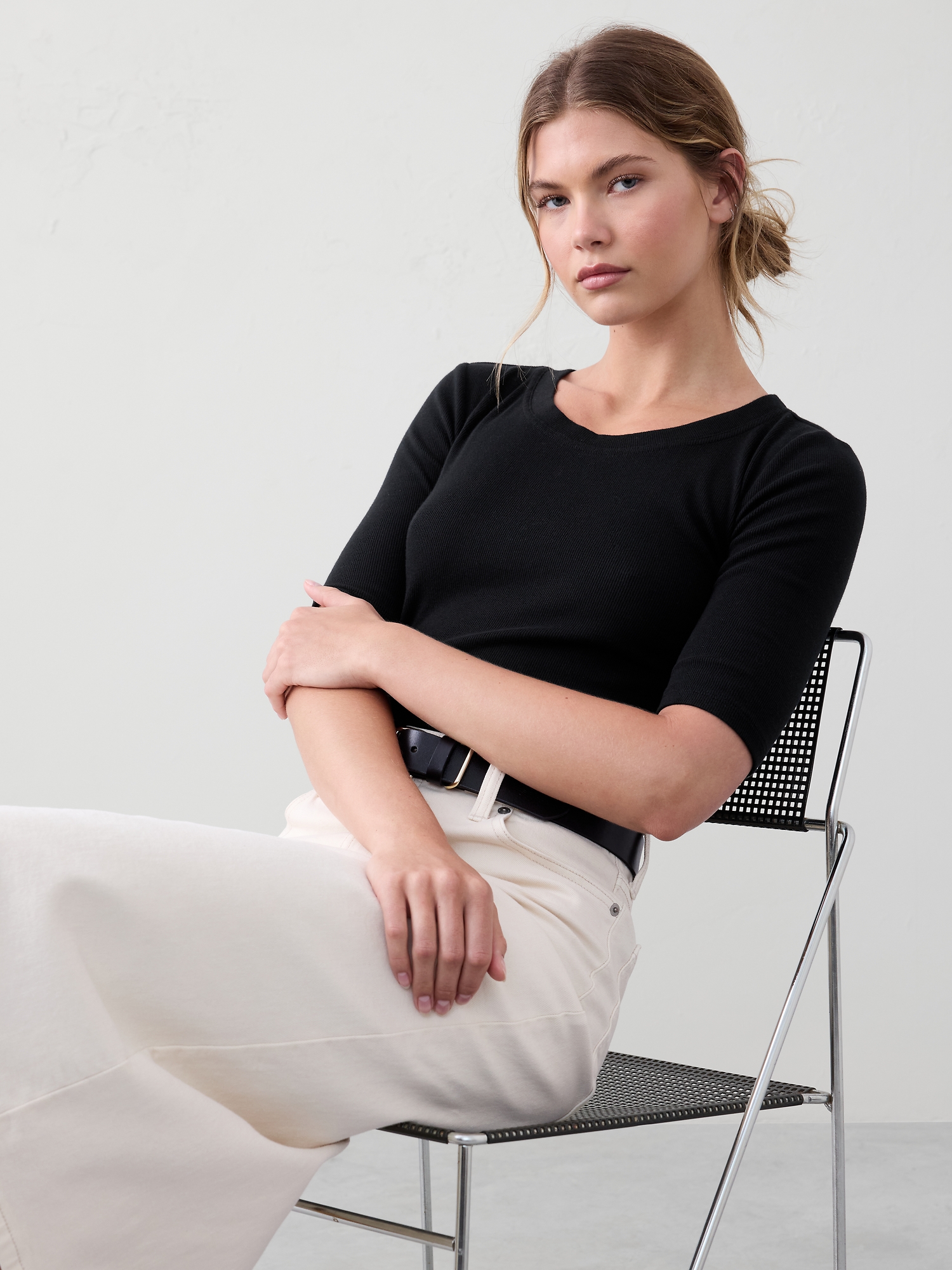 Ribbed Elbow-Sleeve T-Shirt