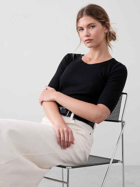 Ribbed Elbow-Sleeve T-Shirt