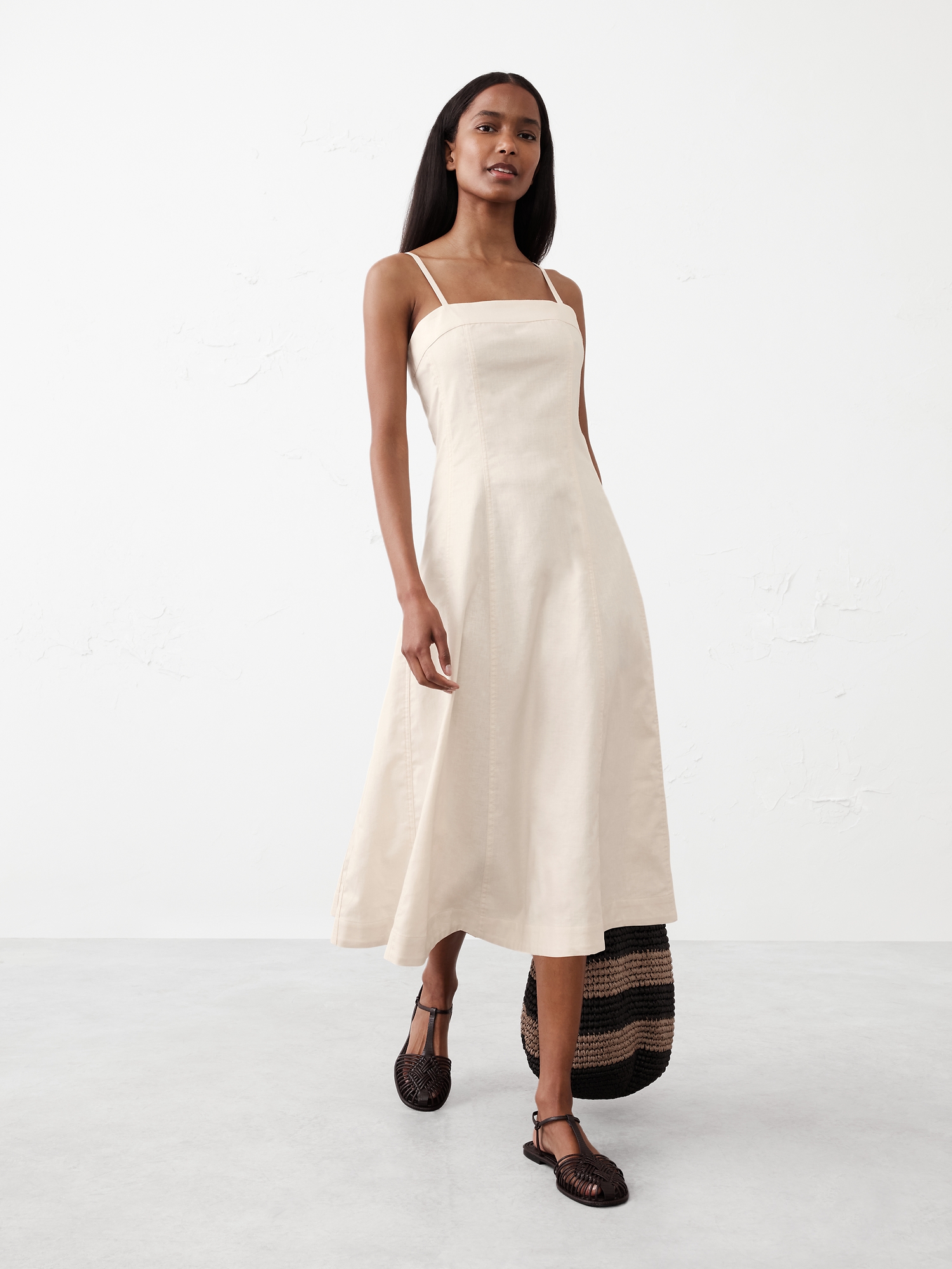 Linen-Blend Seamed Midi Dress